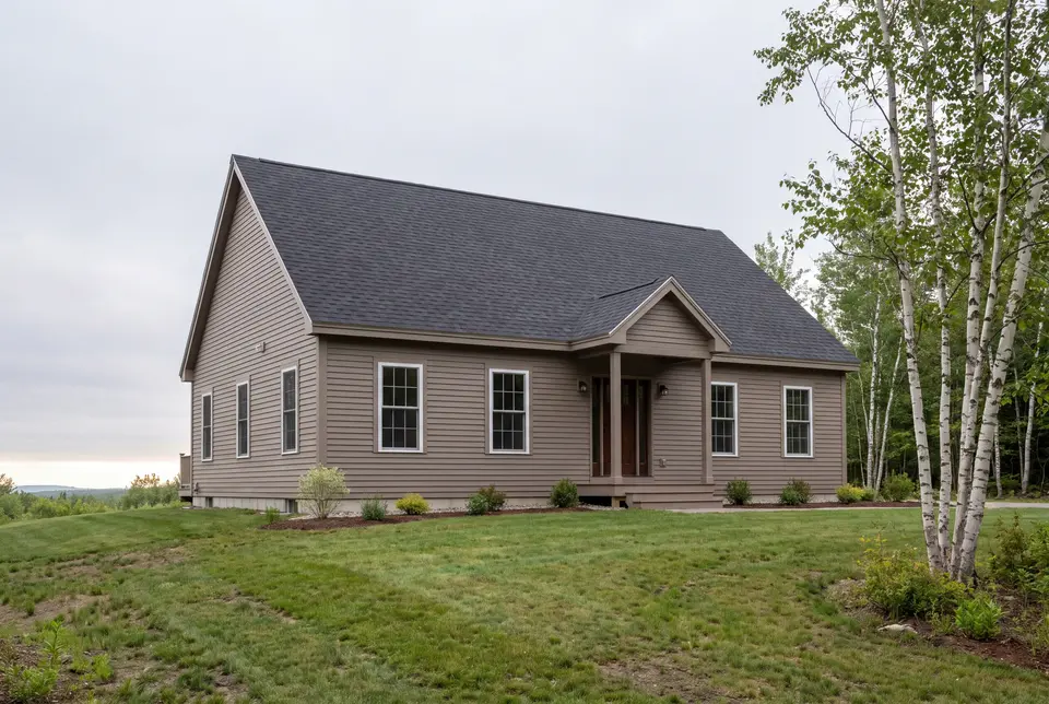 general contractor in Gorham, ME: illustrative scene, A newly built single-story house with taupe siding and a dark roof, viewed from a three-quarter angle, showing the front and side elevations, surrounded by grass and trees