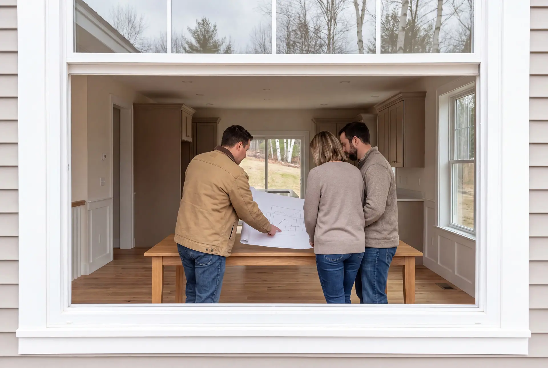 Illustration: Three people, a builder and two homeowners, review a blueprint on an oak table in a finished living room with taupe cabinets and oak floors, viewed through a window