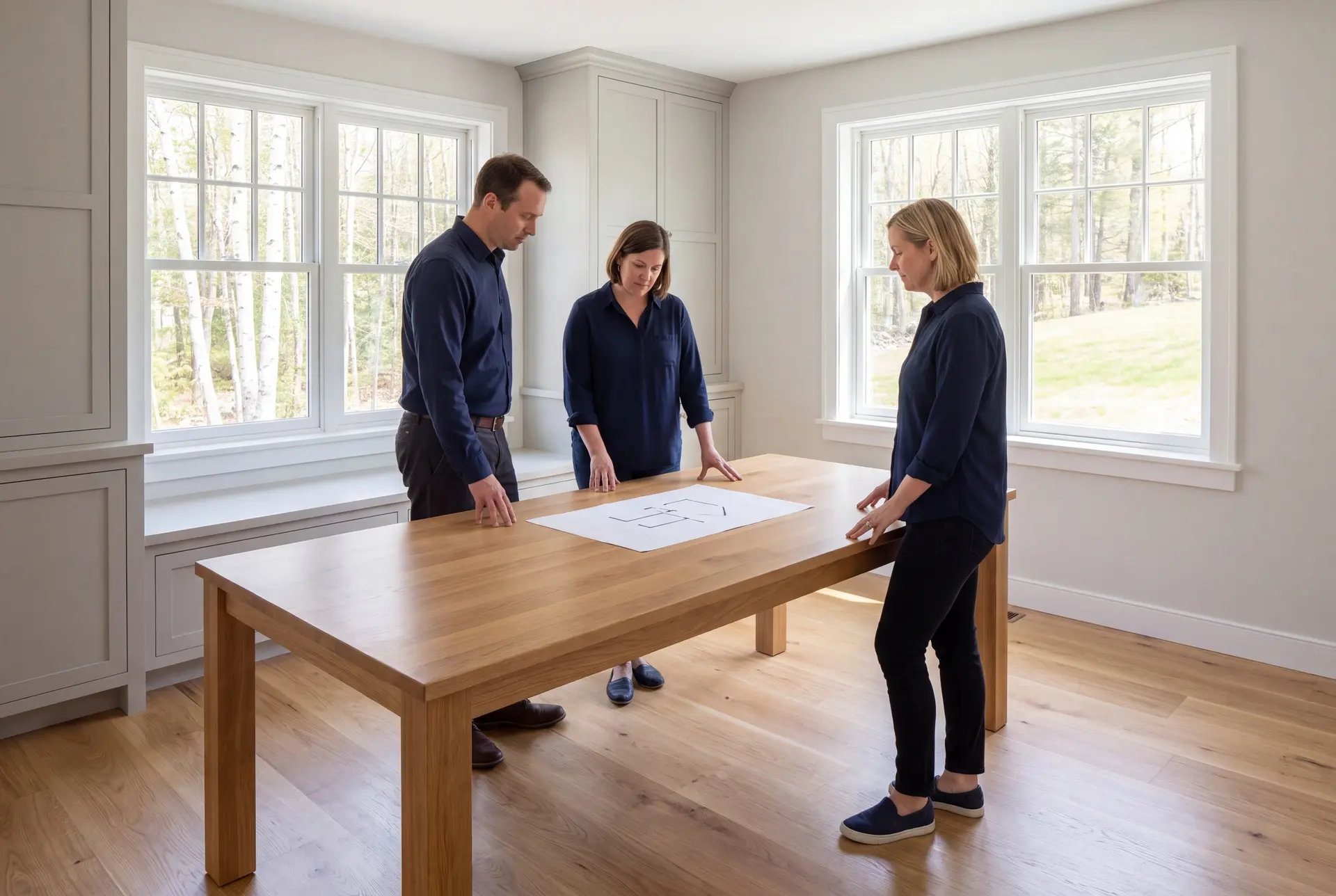 Illustration: Three adults, a man and two women, stand around a wooden table in a bright room with large windows and built-in cabinets, looking at a blueprint