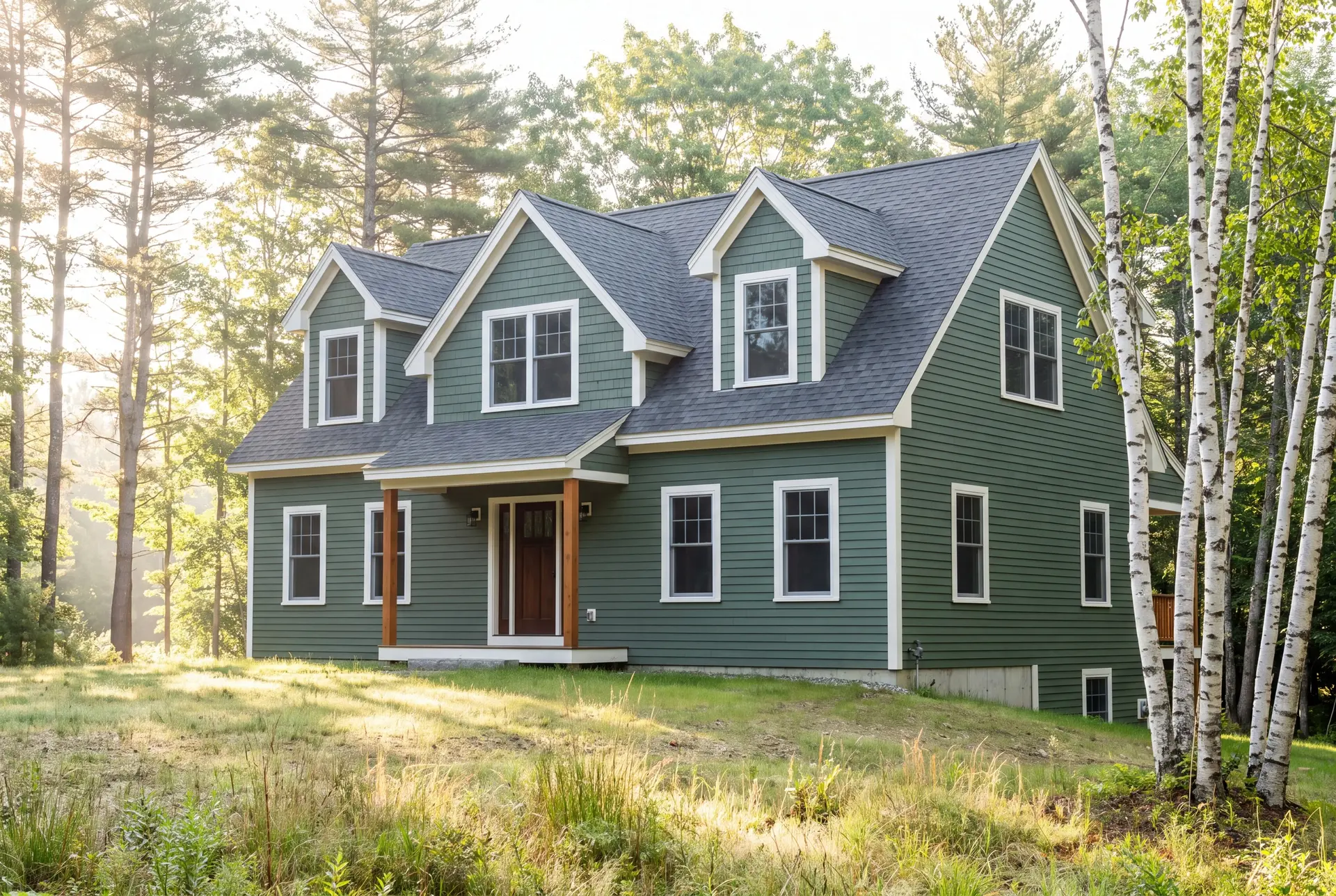 Illustration: A newly built two-story green house with a dark roof and white trim, surrounded by grass and trees under a bright sky