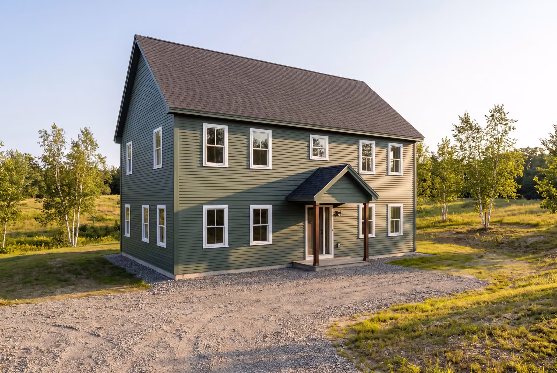 general contractor in Gray, ME: illustrative scene, A newly built green farmhouse with a dark roof and white windows, seen from an exterior three-quarter view with a gravel driveway and trees