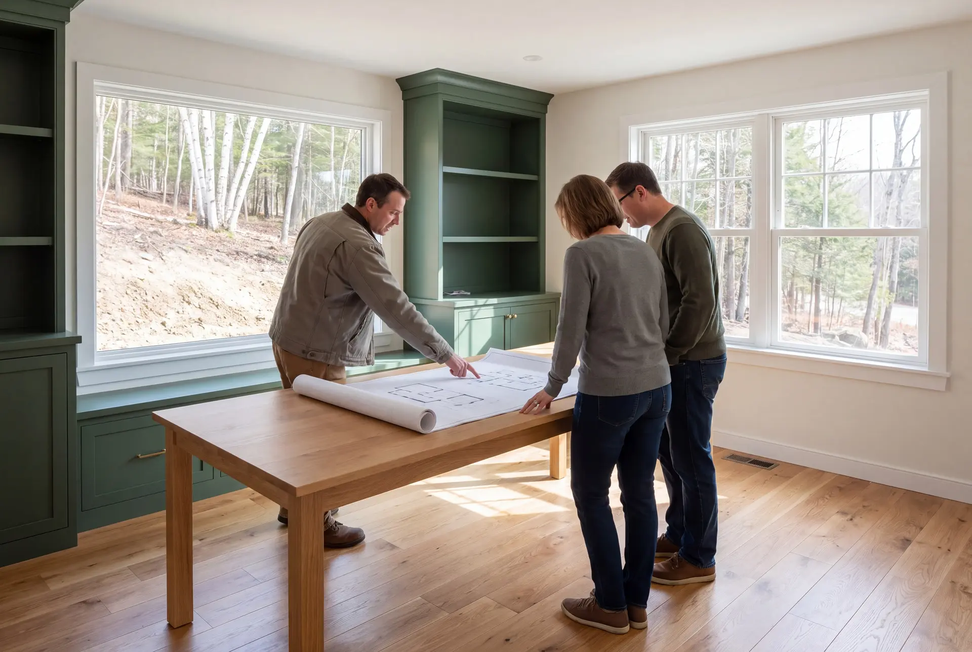 Illustration: Three people, a builder and two homeowners, reviewing blueprints on an oak table in a finished living room with green cabinetry and oak floors