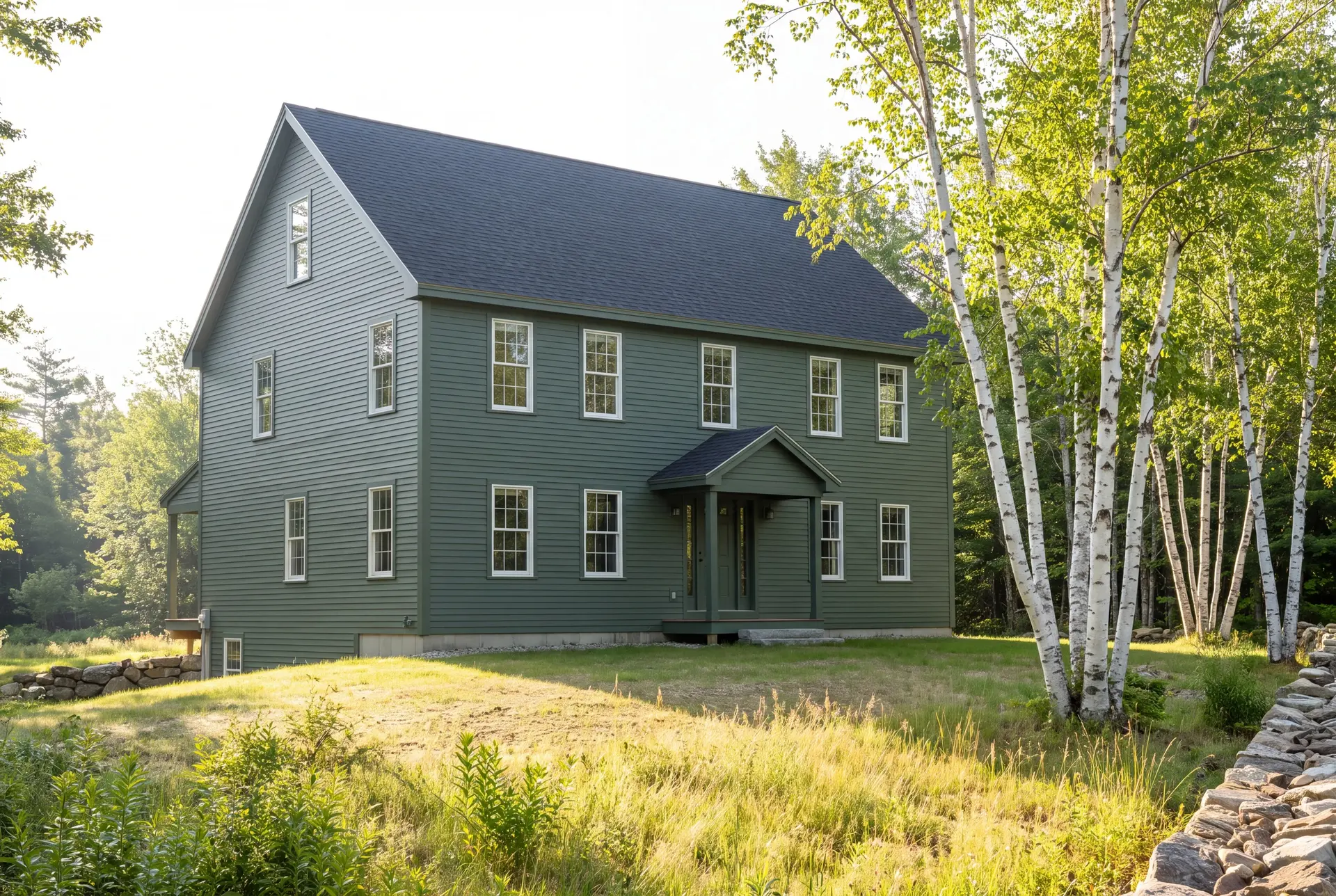 Illustration: A green saltbox house with white windows and a dark roof, surrounded by grass and birch trees