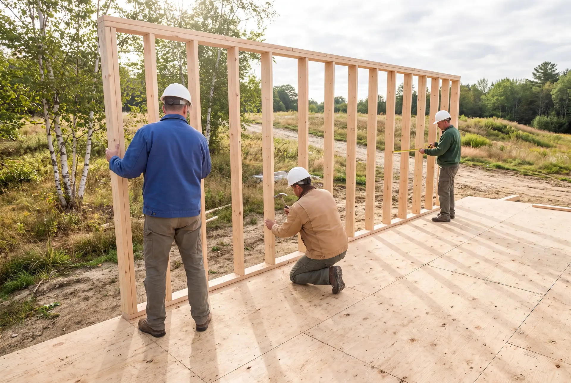 Illustration: Three construction workers in hard hats and work clothes are building a wooden wall frame on a plywood subfloor outdoors