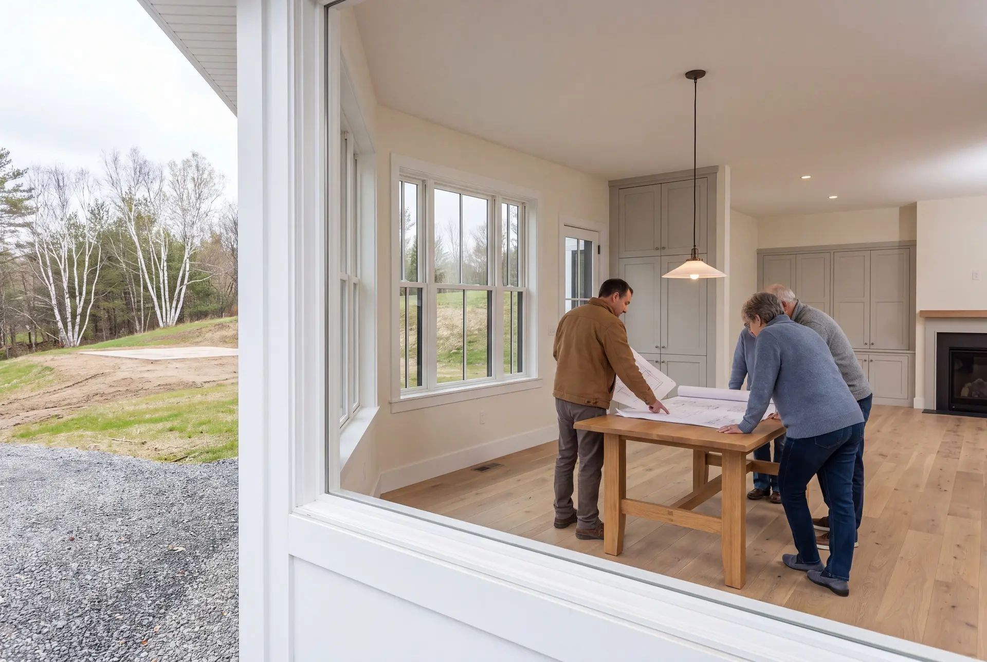 Illustration: Three adults, a builder and two homeowners, review architectural drawings on a table in a finished living room with oak floors and gray cabinetry