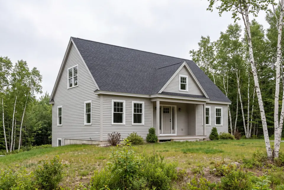 Illustration: A newly built light gray cottage with a dark gray roof and white windows, set on a grassy hill with birch trees