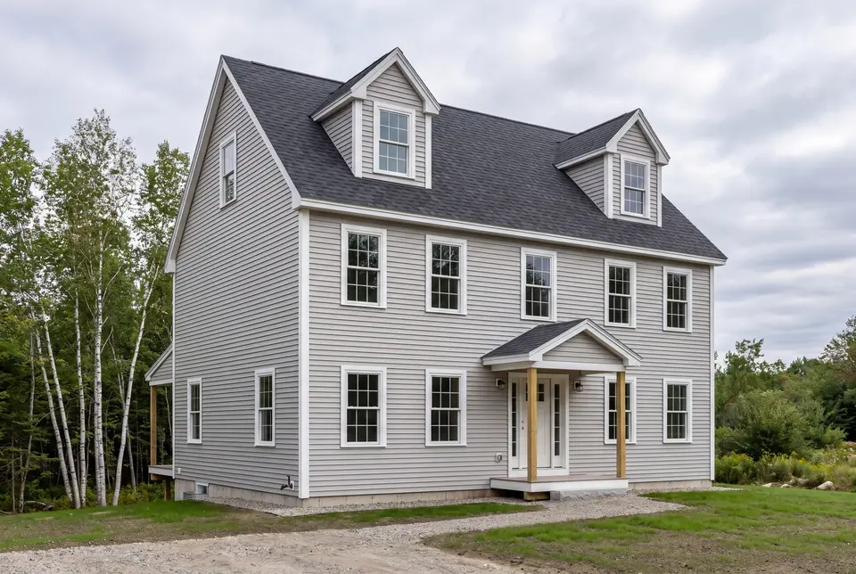 general contractor in Hollis, ME: illustrative scene, A newly built gray Cape-style house with a dark roof and white-trimmed windows, set against a cloudy sky and surrounded by sparse grass and trees