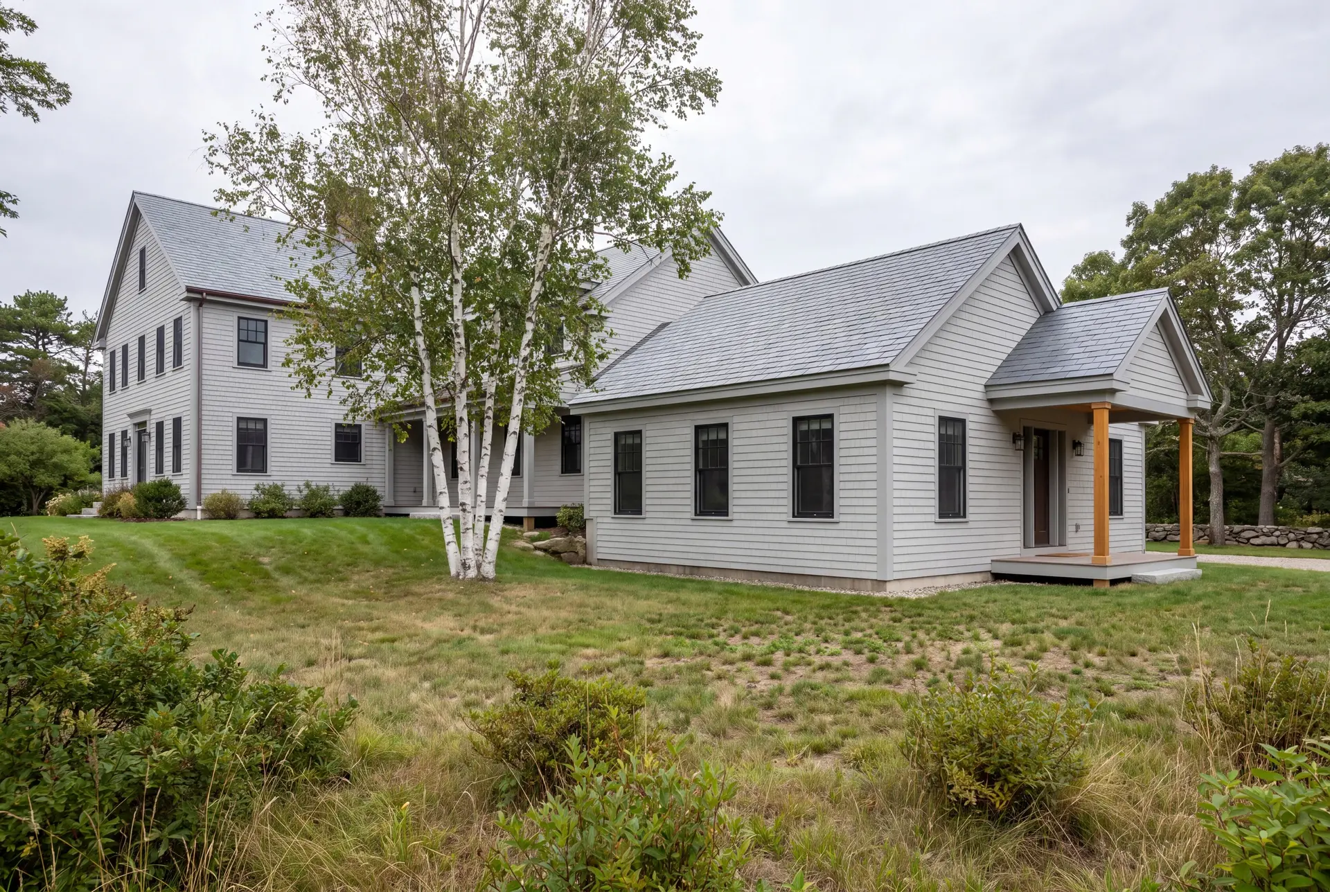 Illustration: A light gray clapboard house with a new single-story addition, featuring matching siding, roof, and windows, set in a grassy landscape with a birch tree