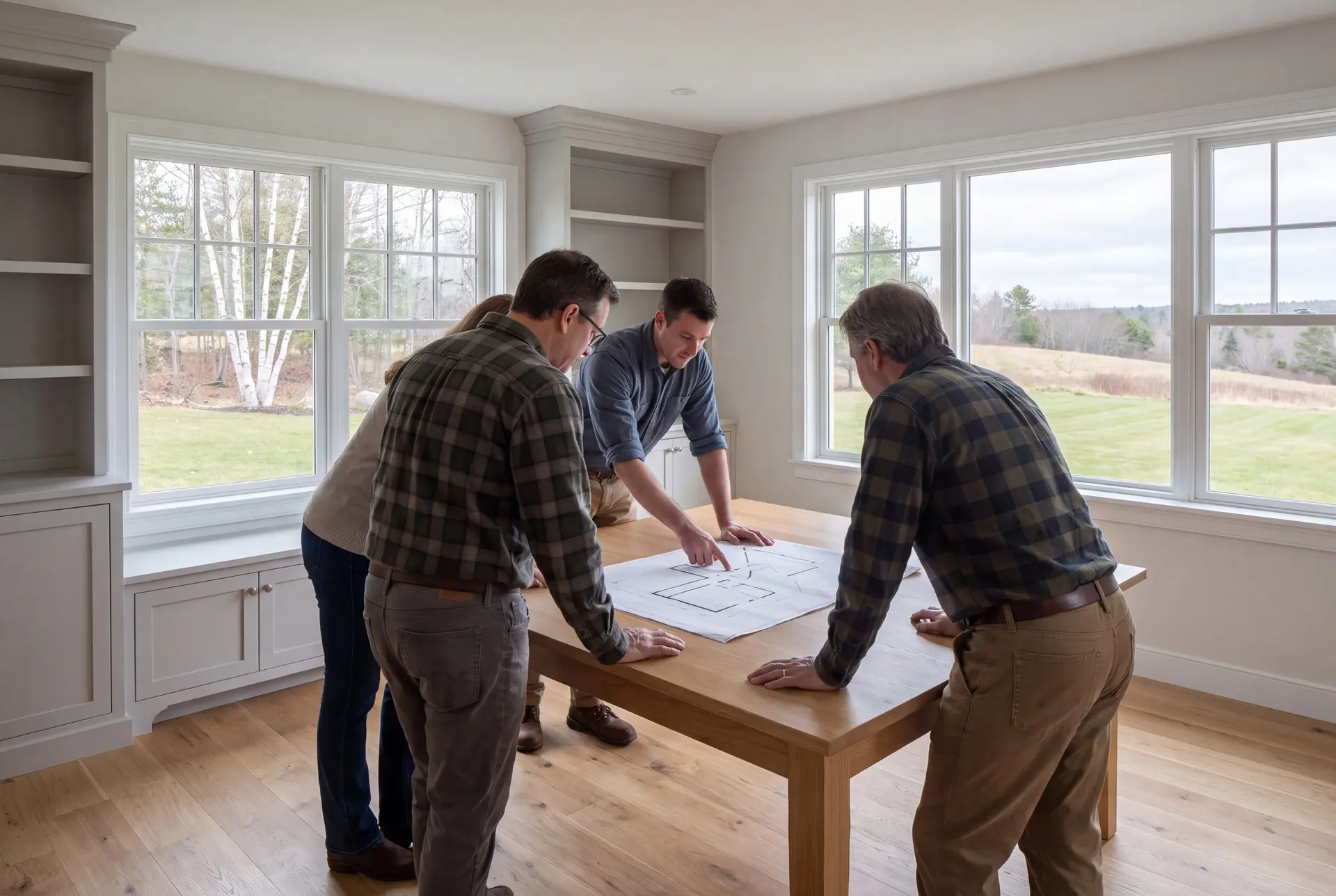 Illustration: Three adults, a builder and two homeowners, review abstract floor-plan and elevation line drawings on a plain oak table in a spotless finished living room with light stone gray cabinetry, white-trimmed windows, and new oak floors