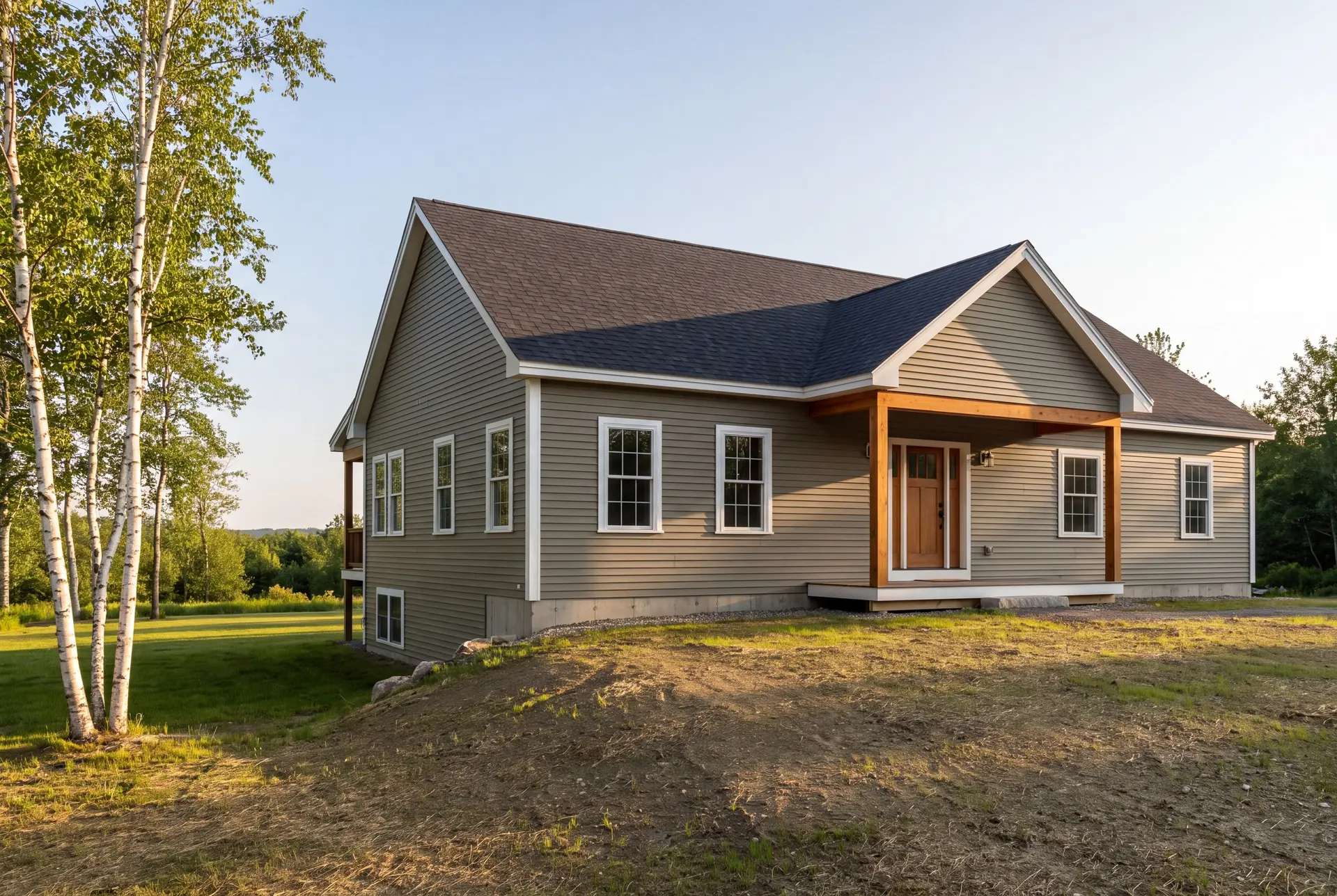 Illustration: A newly built one-story ranch house with olive siding and a dark roof, viewed from the front and side, with a wooden covered porch
