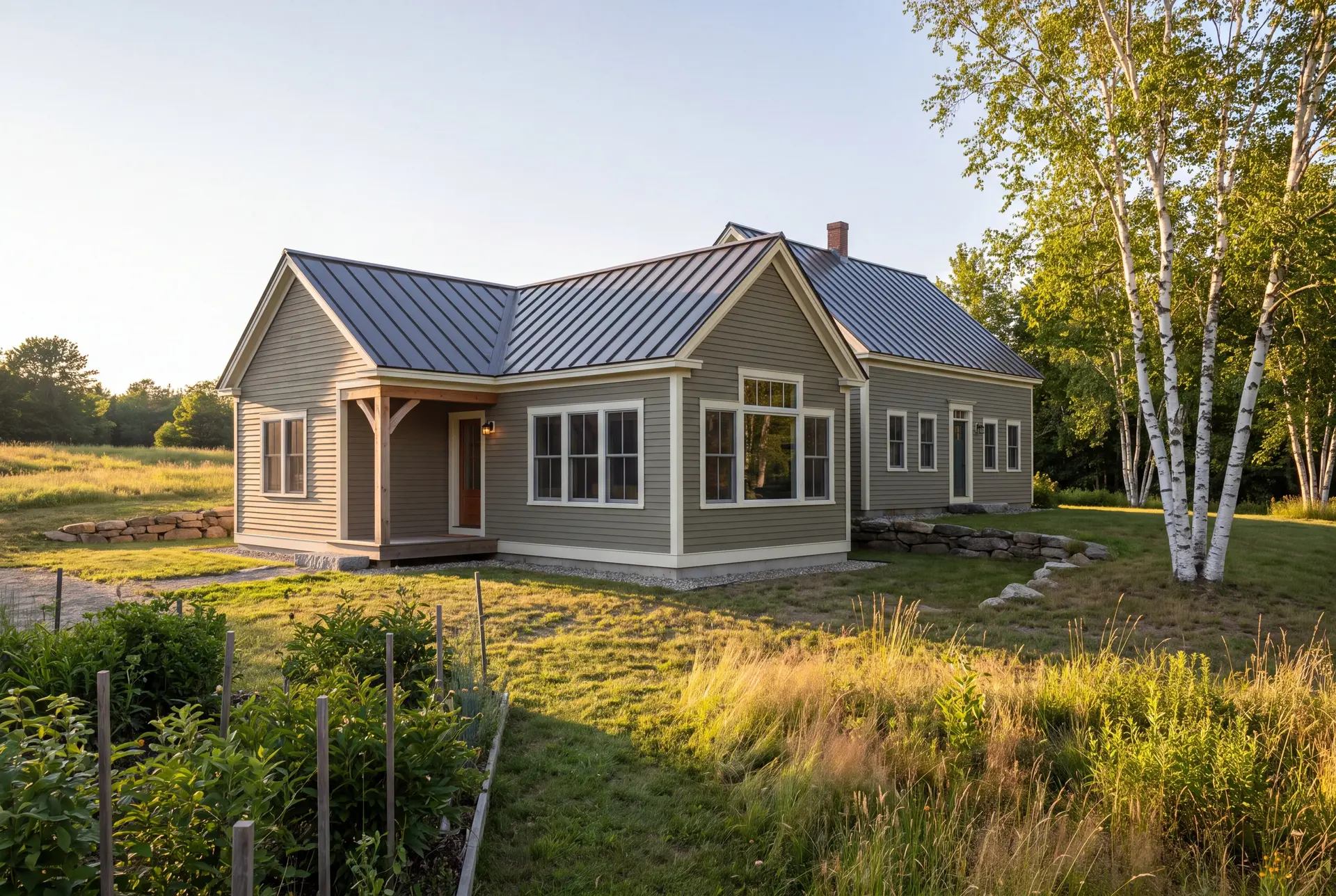 Illustration: A single-story farmhouse with a new addition, both in dusty olive clapboard siding and a dark metal roof, set in a grassy field under a clear sky