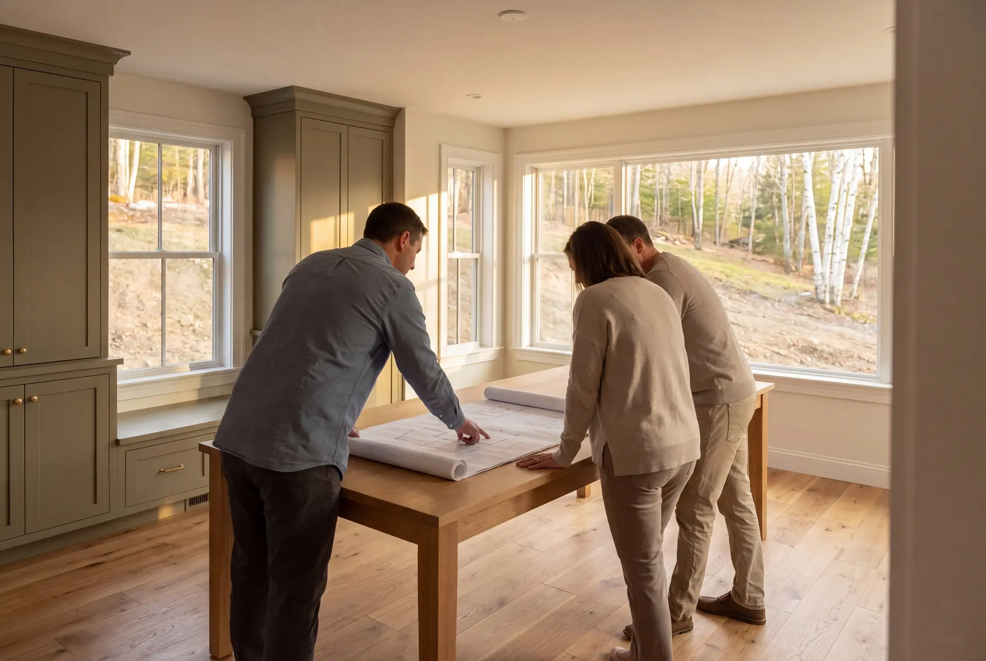 Illustration: Three people, a man in a blue shirt and a couple in light-colored clothing, stand around a wooden table reviewing architectural plans in a sunlit room with olive green cabinets and oak floors