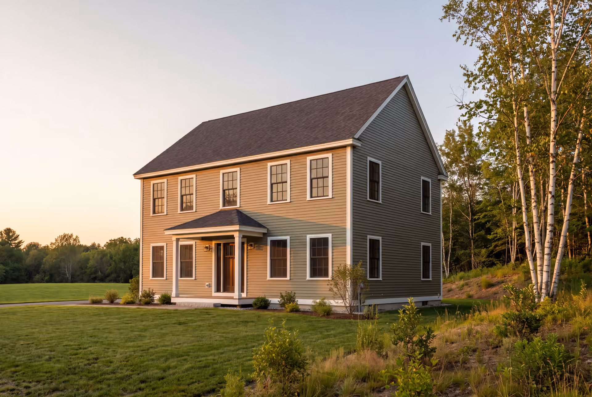 general contractor in Kennebunk, ME: illustrative scene, A two-story Colonial house with olive siding and a dark roof, viewed from the front and side, surrounded by a green lawn and trees