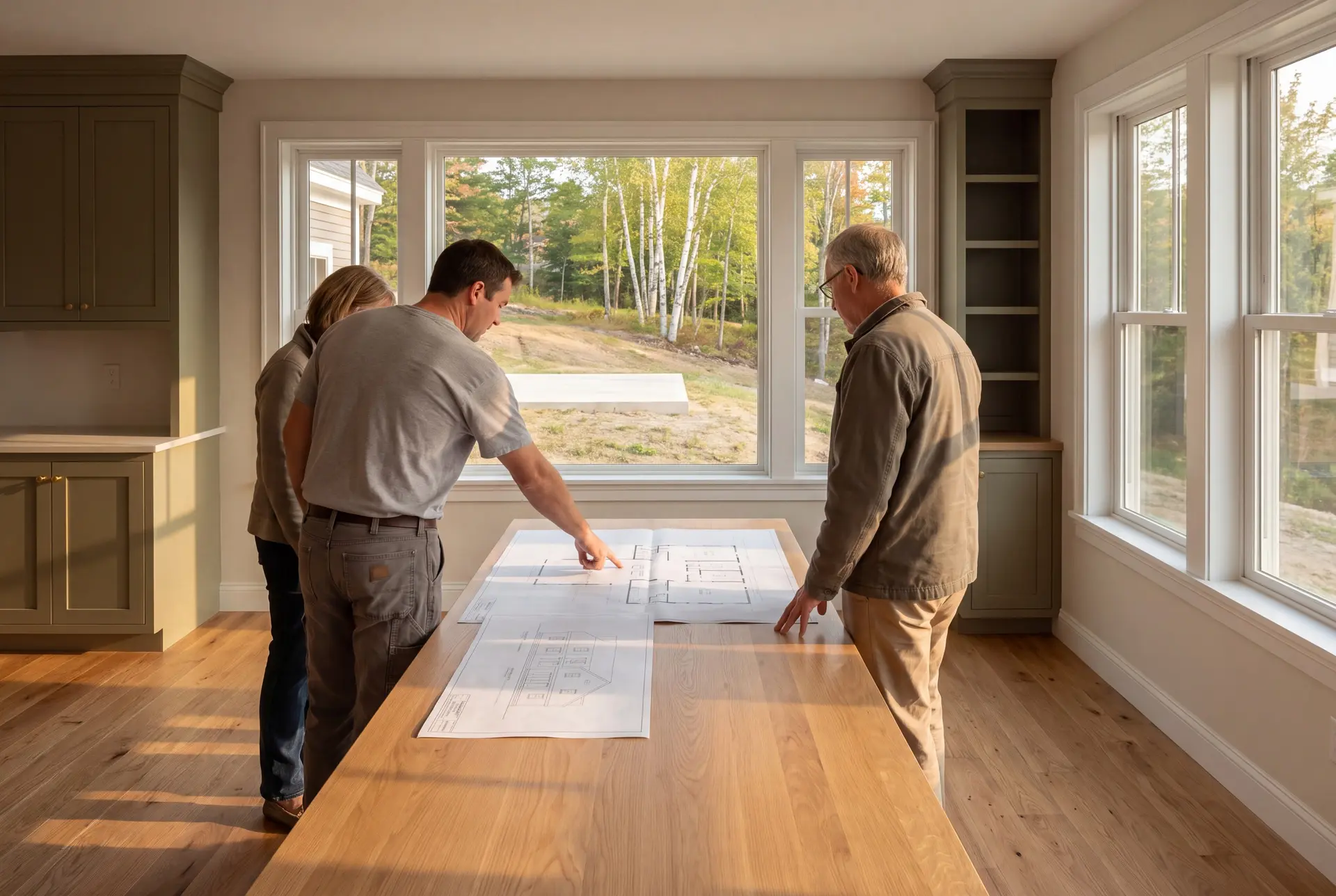 Illustration: Three people, a builder and two homeowners, reviewing architectural drawings on a table in a finished living room with olive cabinetry and oak floors