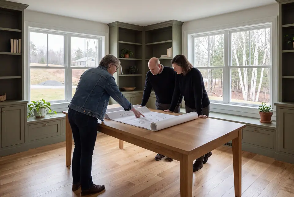 Illustration: Three people, a builder and two homeowners, reviewing architectural drawings on a wooden table in a finished living room with olive green cabinets and large windows