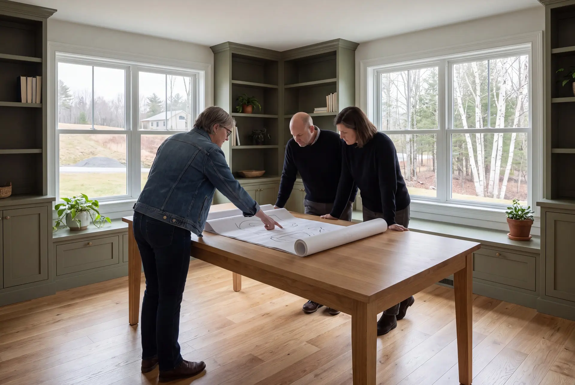 Illustration: Three people, a builder and two homeowners, reviewing architectural drawings on a wooden table in a finished living room with olive green cabinets and large windows