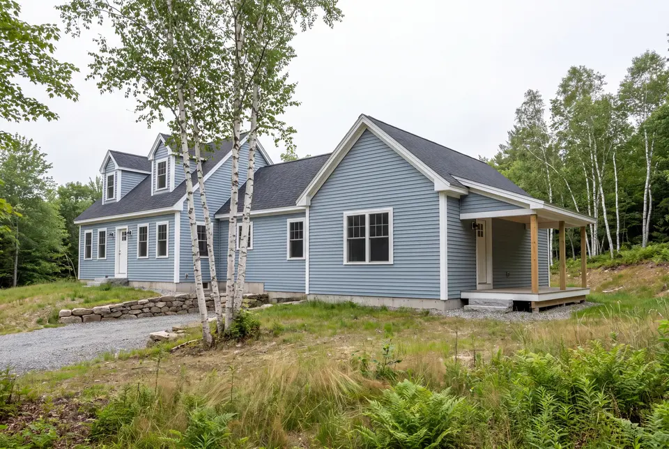 Illustration: A light blue house with a new single-story addition and a covered porch, set against a backdrop of trees under an overcast sky
