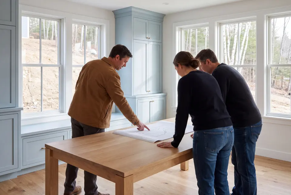 Illustration: Three people, a man and two others, stand around a wooden table, looking at architectural drawings. The room has light blue cabinets, white windows, and wood floors, with trees visible outside