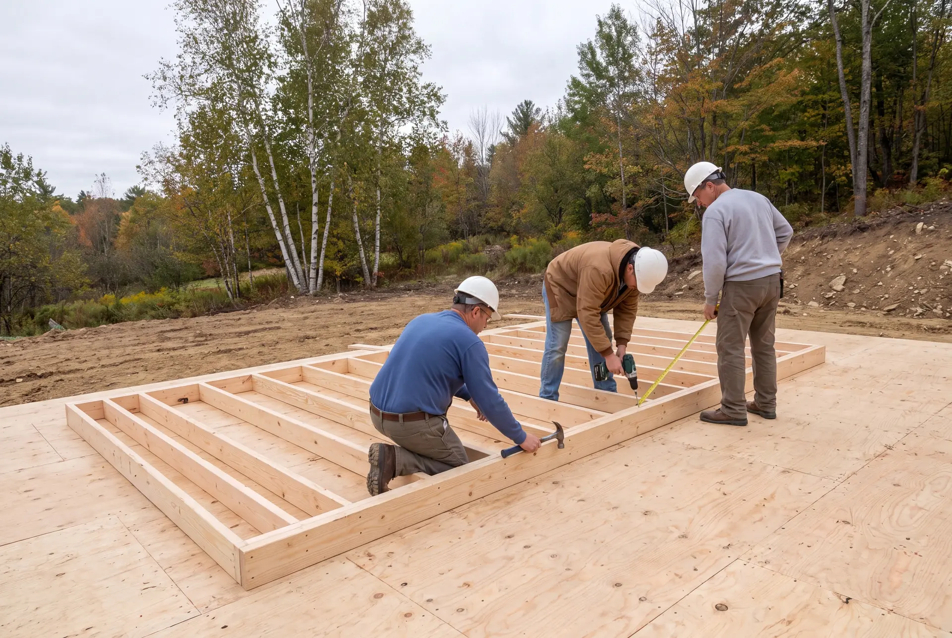 Illustration: Three carpenters in hard hats and work clothes are building a wooden wall frame on a subfloor outdoors, with a forest in the background
