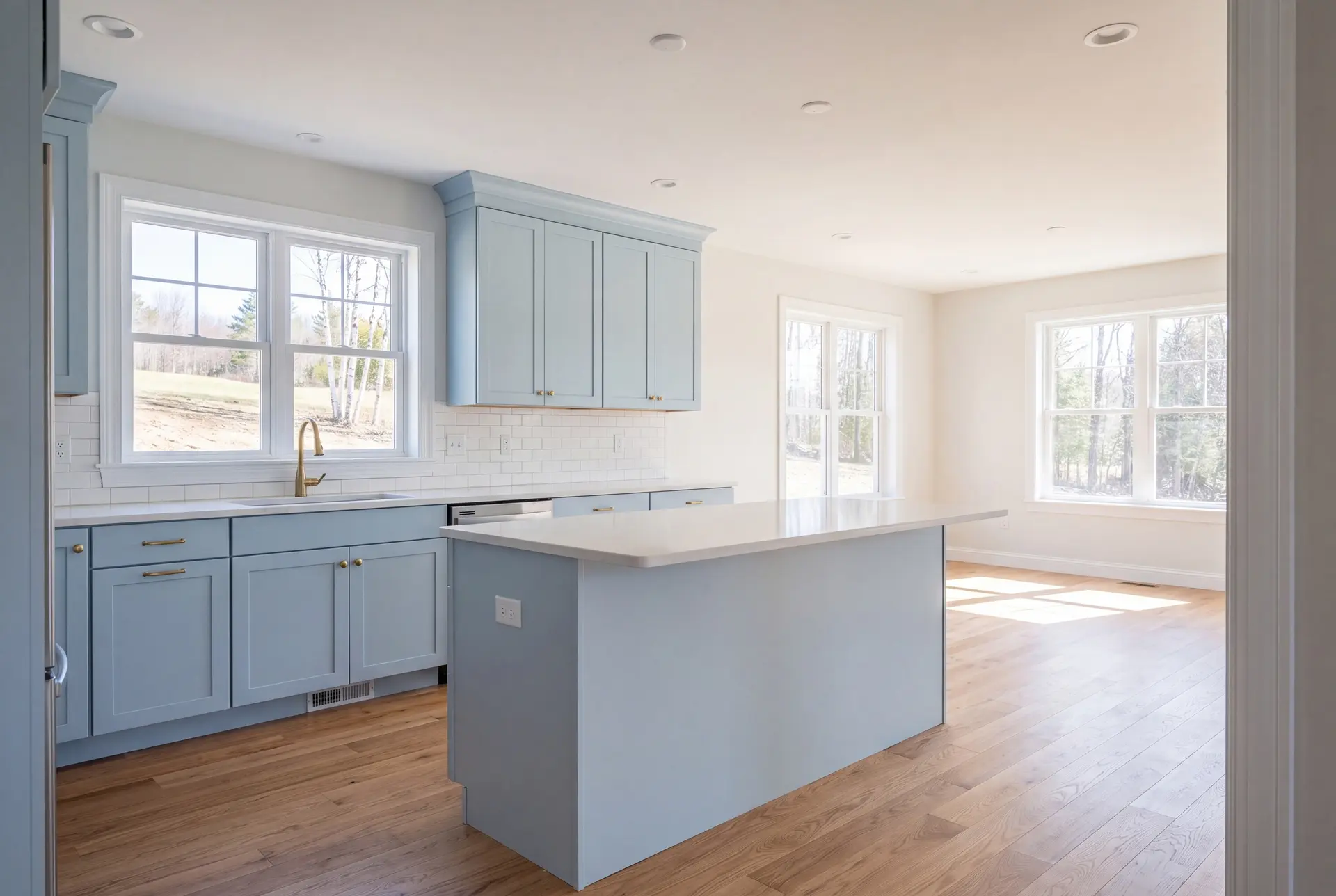Illustration: A bright, empty kitchen with light blue cabinets, a white island, and oak floors, viewed from a doorway