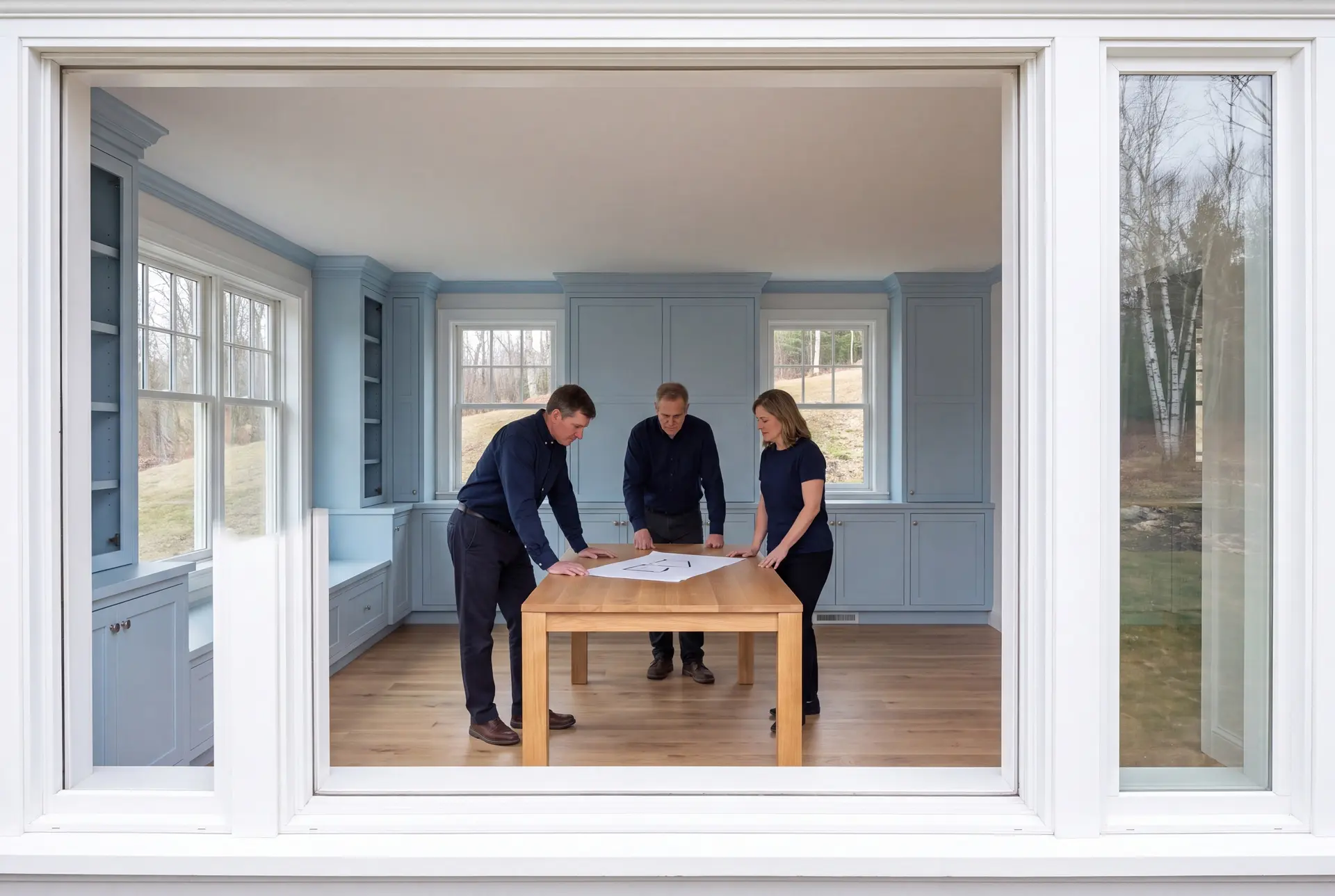 Illustration: Three people in navy shirts and dark trousers stand around a light oak table in a room with light blue built-in cabinets and oak floors, looking at a drawing on the table