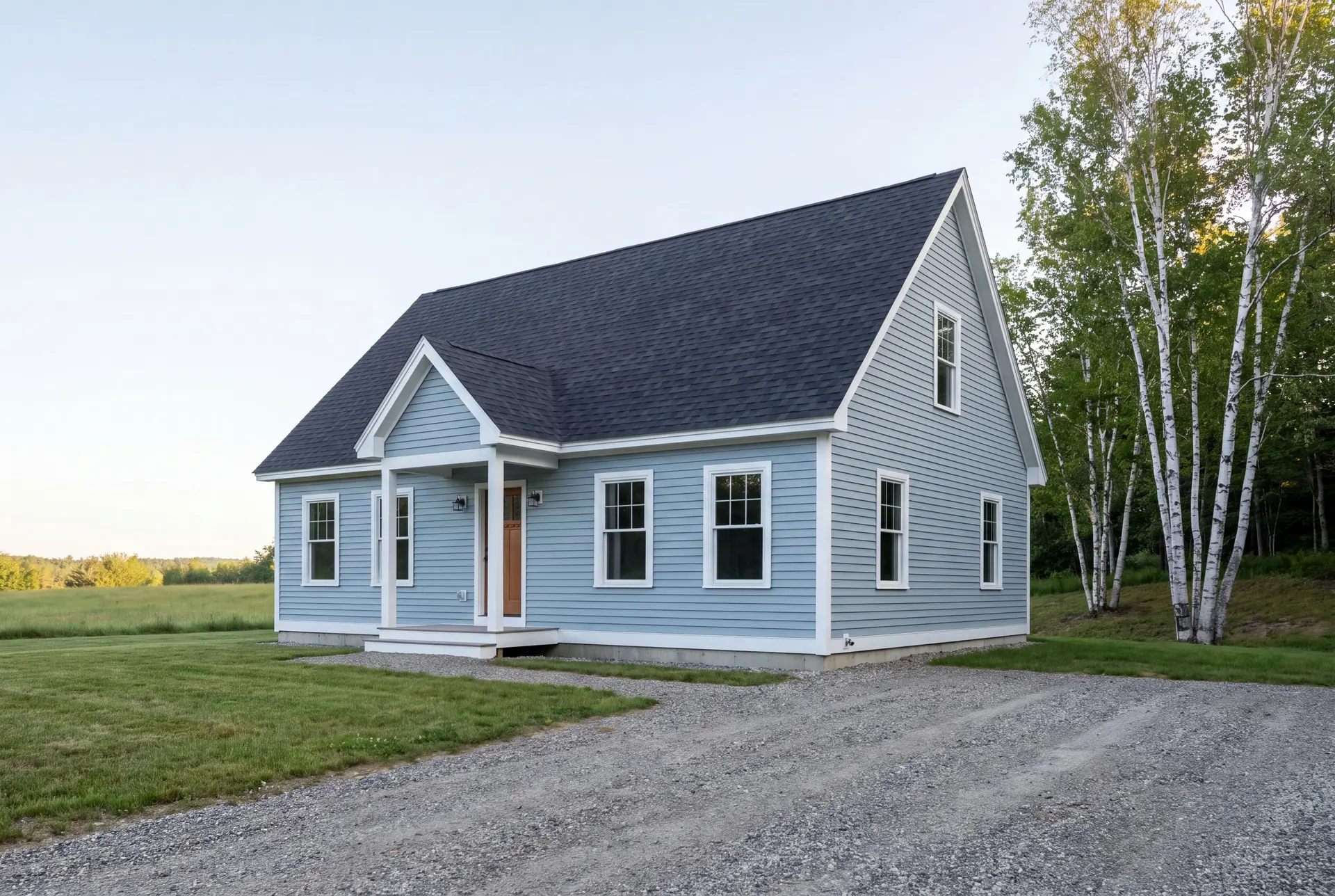 Illustration: A light blue cottage with a dark roof and white trim, surrounded by green grass and a gravel driveway, with trees in the background