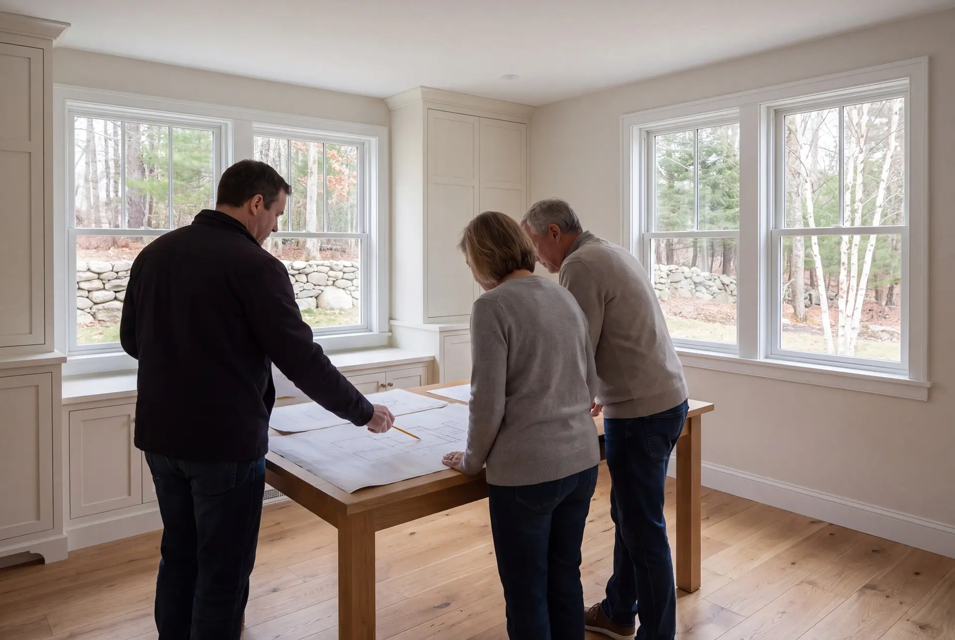 Illustration: Three adults, a man and two others, reviewing architectural drawings on a table in a bright, finished living room with oak floors and white cabinetry