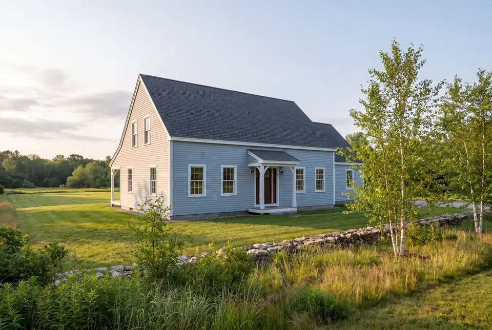 general contractor in Old Orchard Beach, ME: illustrative scene, A light blue saltbox house with a dark roof and white trim, surrounded by green grass and trees under a clear sky