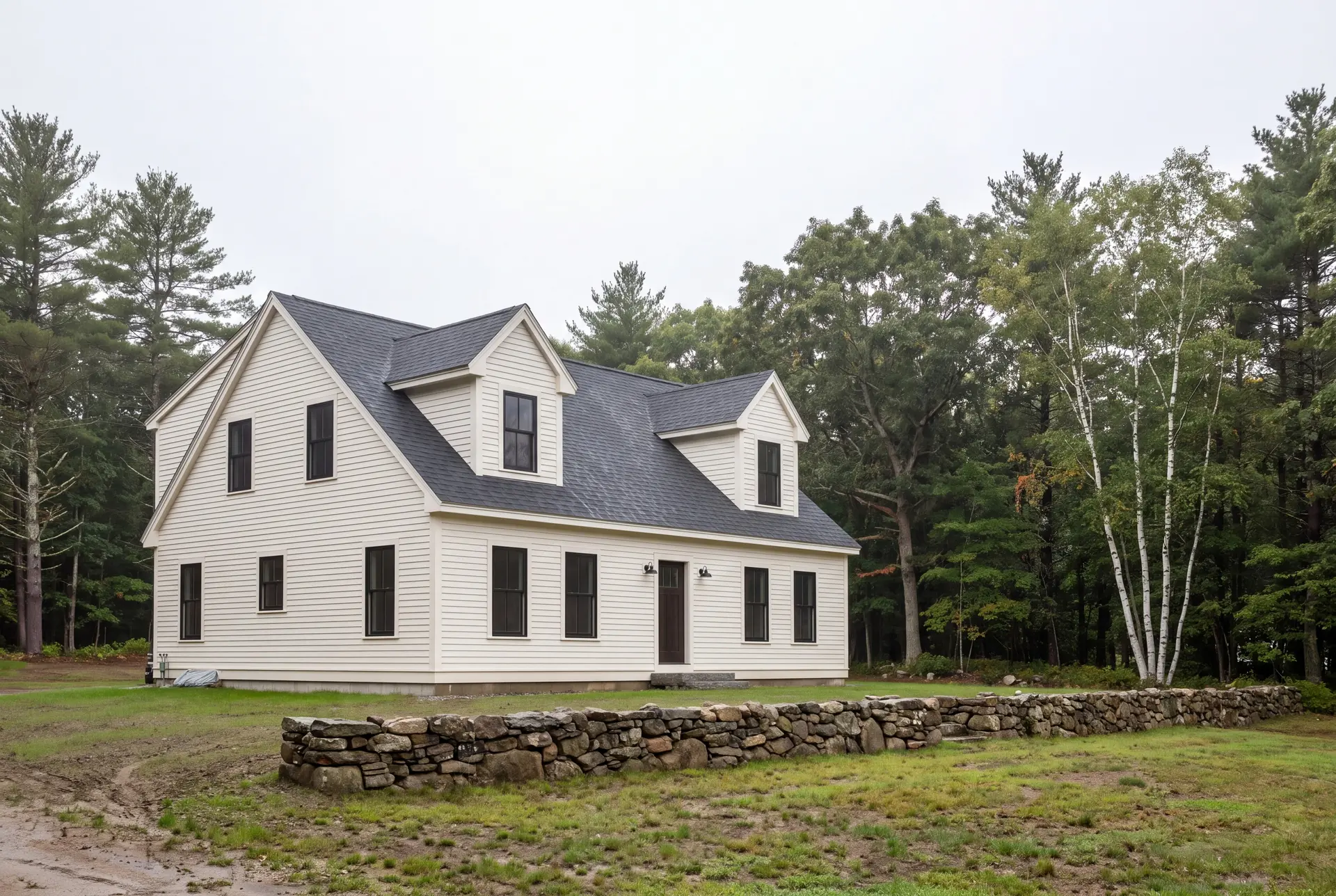 Illustration: A newly built Cape house with white siding and a dark roof, surrounded by grass and trees under an overcast sky