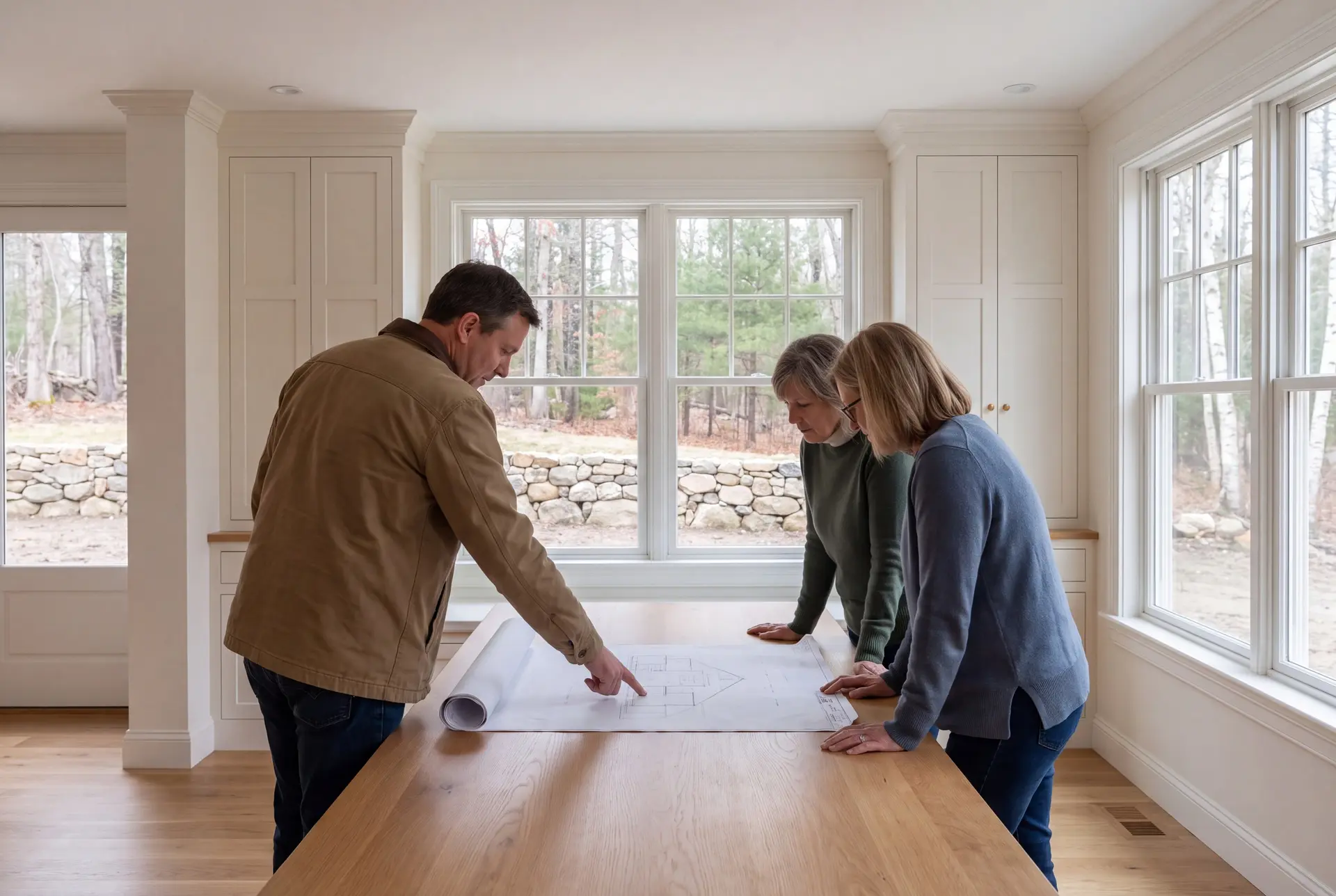 Illustration: Three adults, a man and two women, review a floor plan drawing on an oak table in a finished living room with white cabinetry and windows