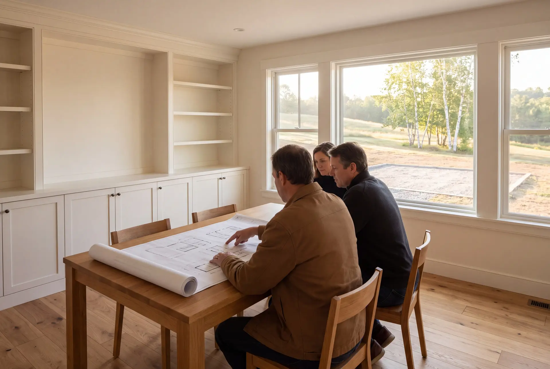 Illustration: Three people, a builder and two homeowners, review architectural drawings on an oak table in a bright living room with white built-in cabinetry and large windows overlooking a natural landscape