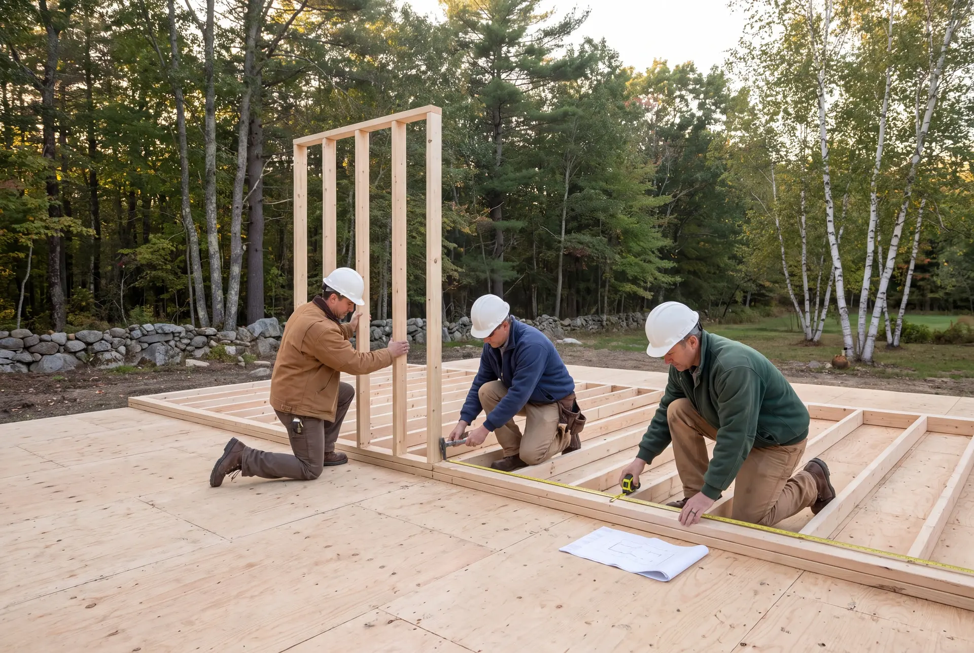 Illustration: Three carpenters are working on a wood-framed wall on a subfloor, with one aligning a stud, one fastening a joint, and one measuring spacing