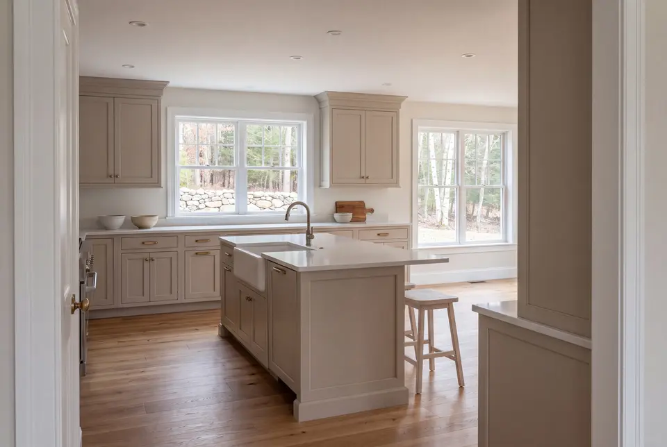 Illustration: A bright, empty kitchen with mushroom-colored cabinets, a large island with a sink, and light wood floors, viewed from a doorway