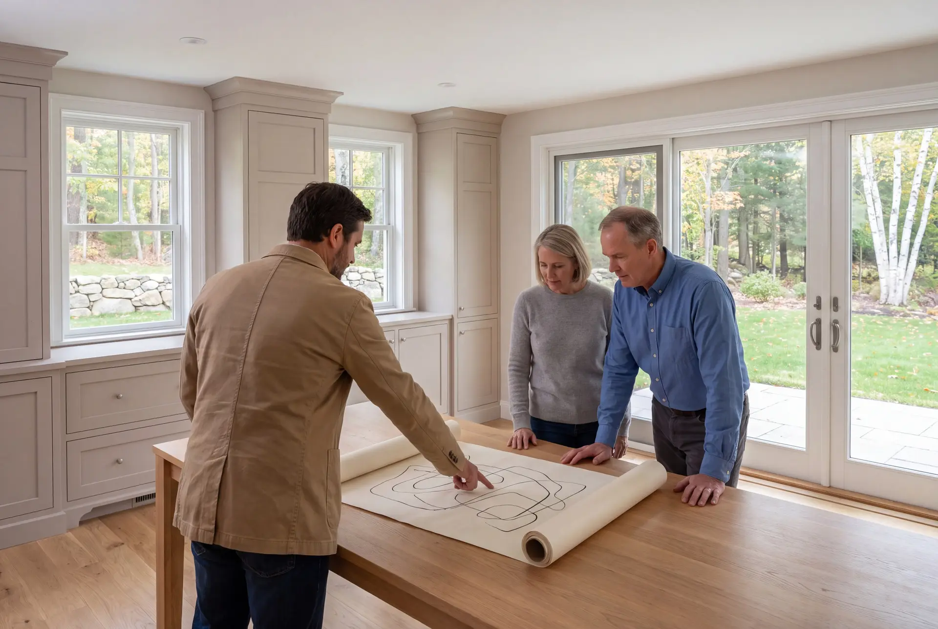 Illustration: Three people, a builder and two homeowners, reviewing abstract floor plans on a table in a finished living room with mushroom cabinetry and oak floors