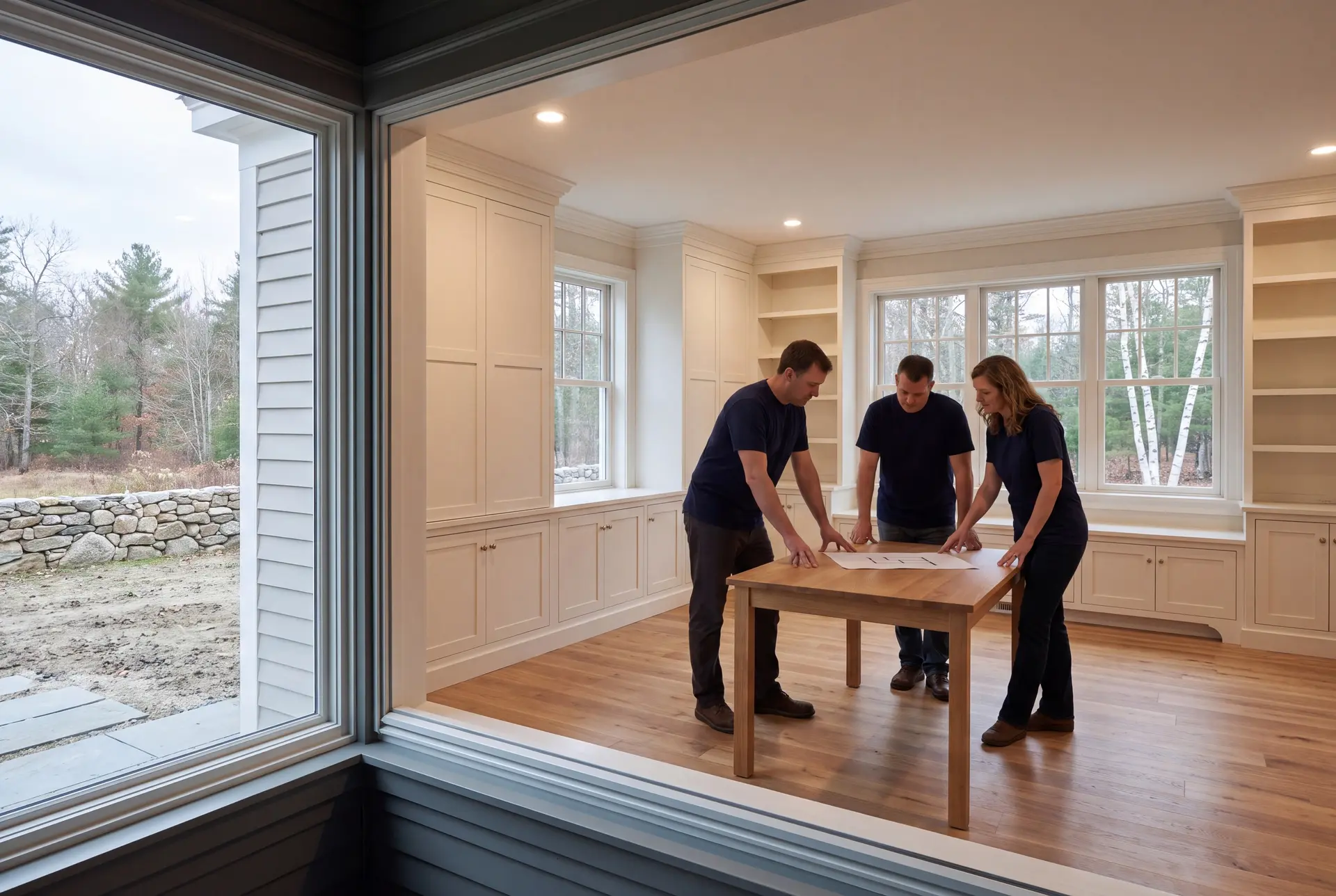 Illustration: Three people reviewing plans on a table in a room with built-in cabinets and large windows looking out to trees and a stone wall