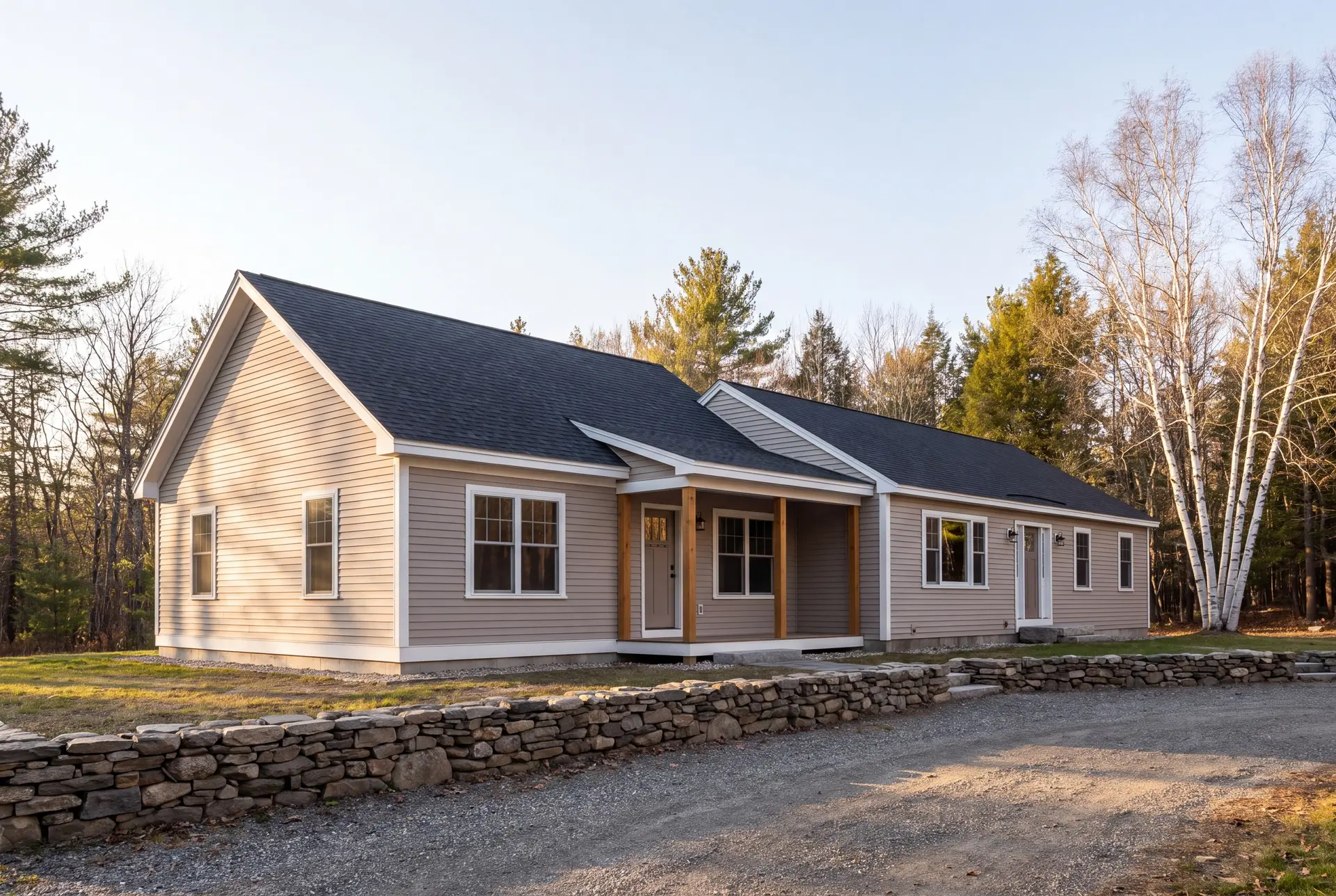 Illustration: A newly completed single-story house addition, matching the existing ranch home, with mushroom-colored siding and a dark roof, surrounded by a natural landscape