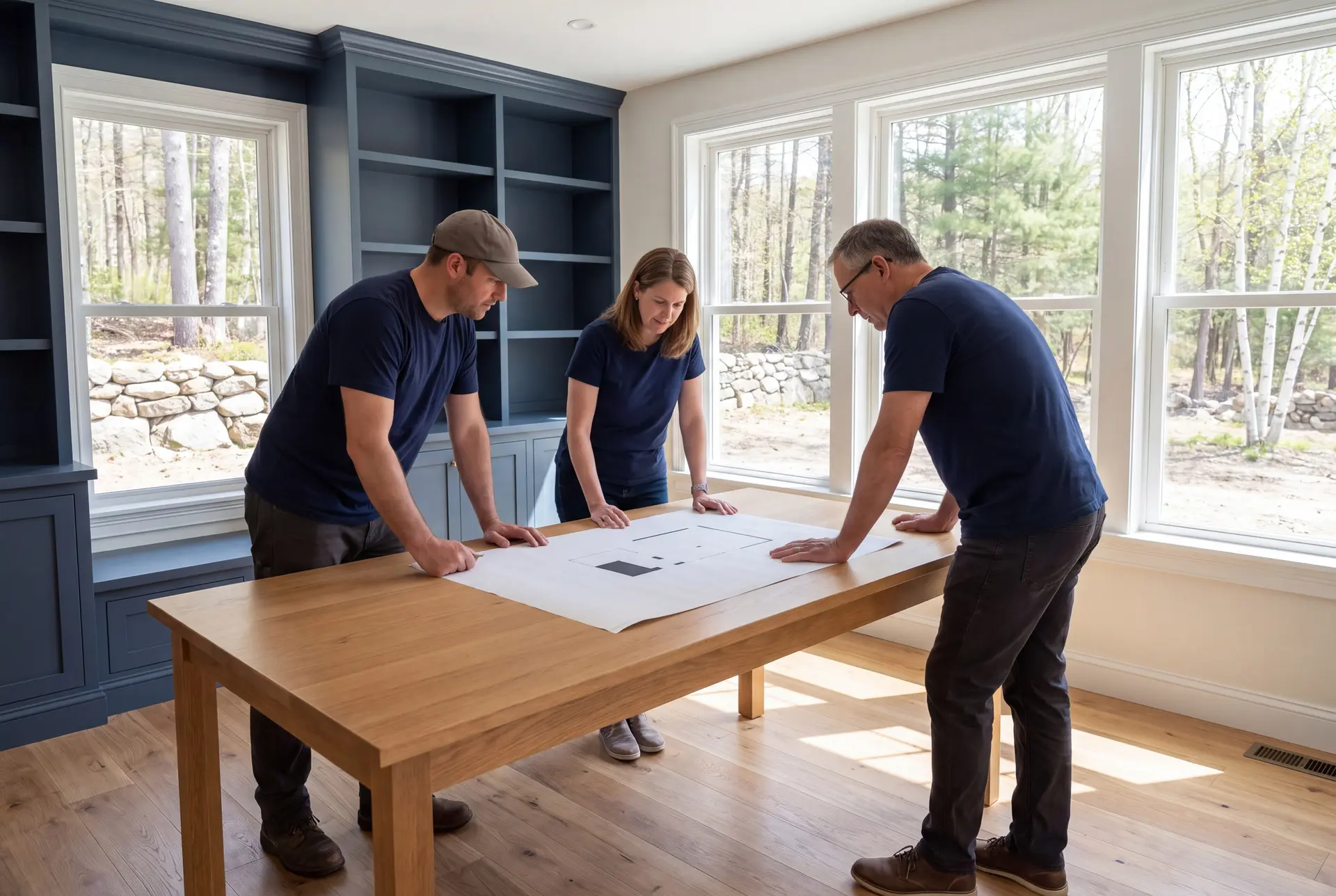 Illustration: Three people, a builder and two homeowners, review architectural plans on a table in a finished living room with blue built-in shelves and large windows