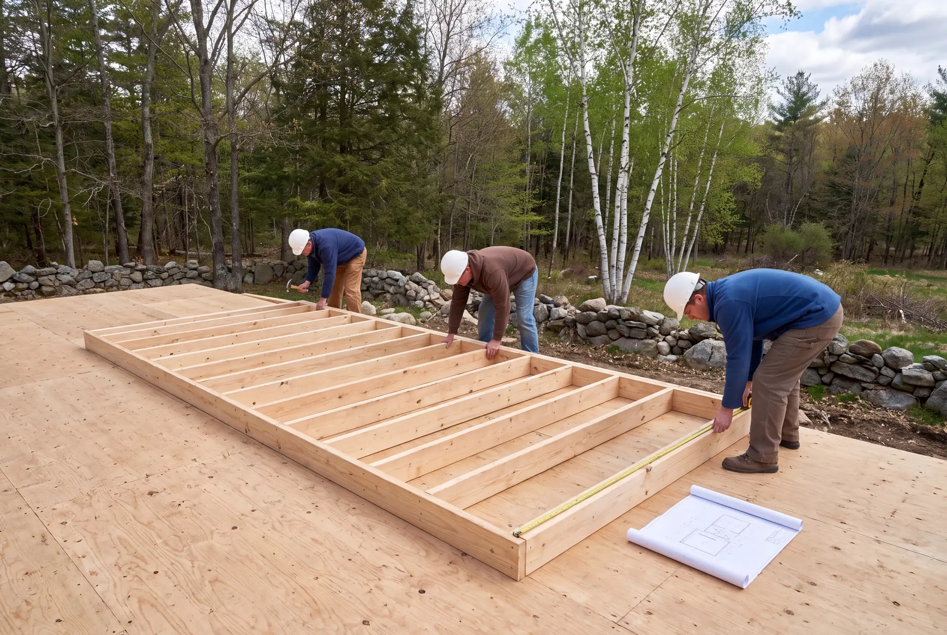 Illustration: Three carpenters building a wooden wall frame on a subfloor outdoors