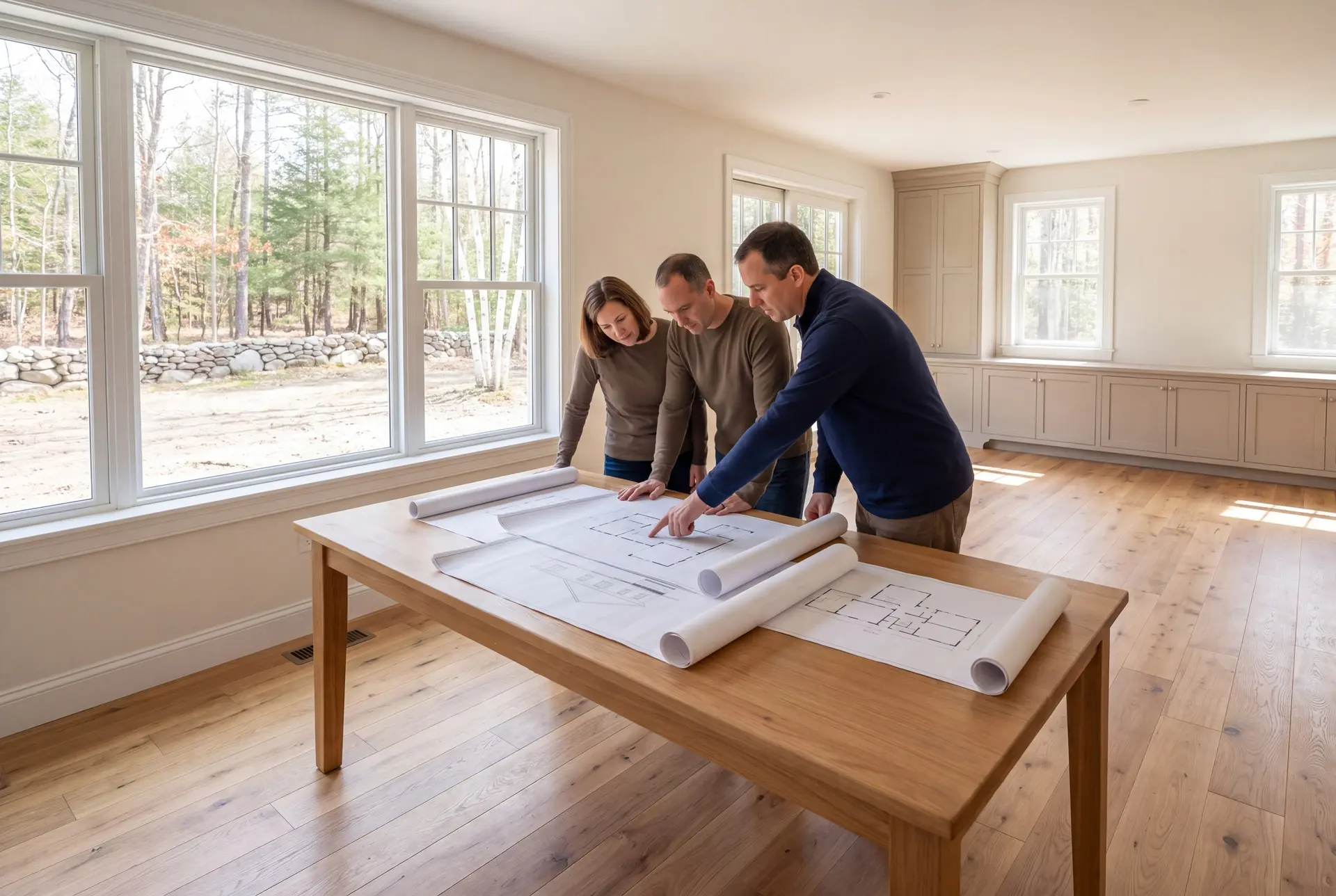 Illustration: Three people, a builder and two homeowners, review blueprints on an oak table in a finished living room with large windows and mushroom-colored cabinetry
