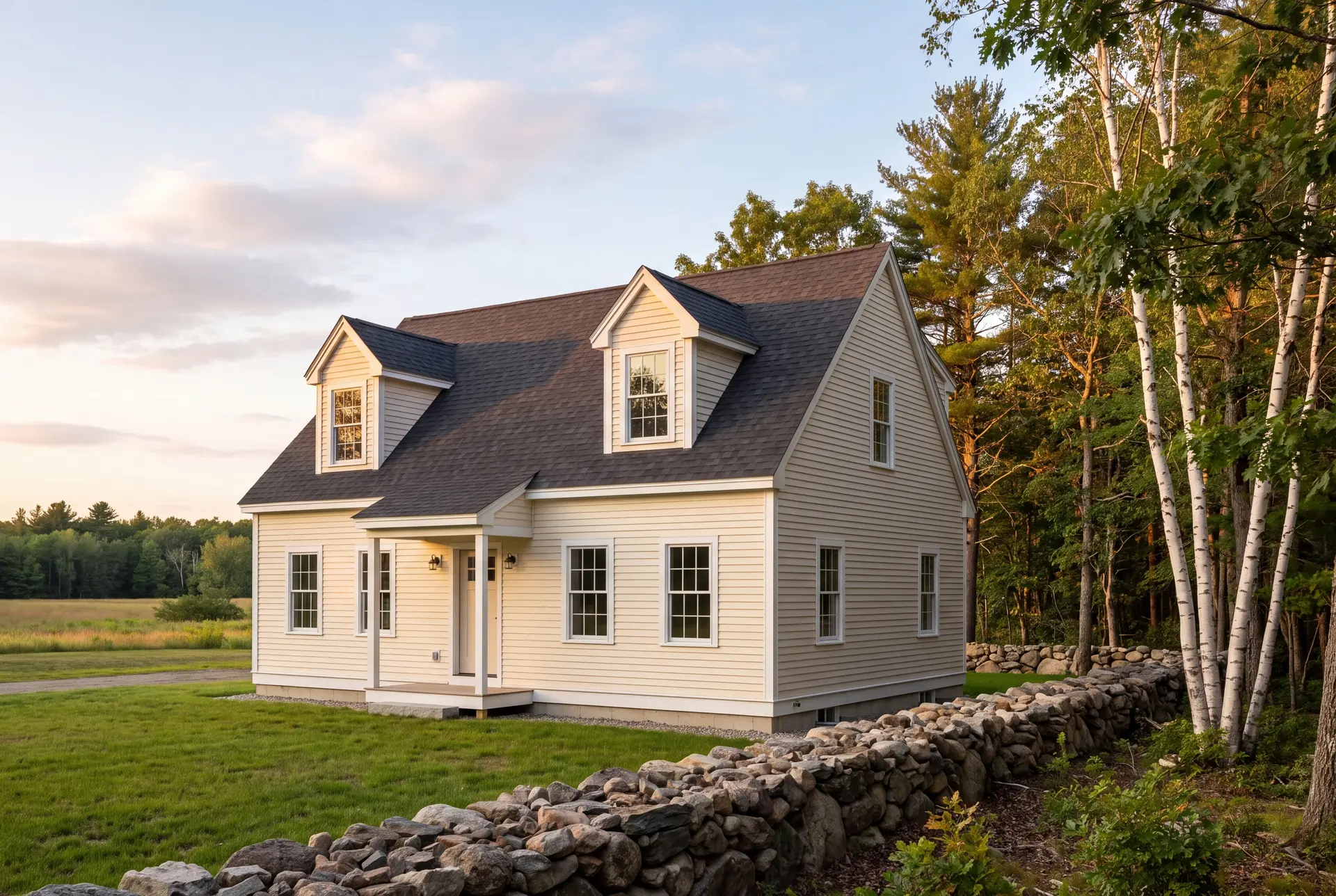 Illustration: A newly built Cape house with light yellow siding and a dark gray roof, featuring two dormers and a small front porch, surrounded by green grass, a stone wall, and trees under a soft evening sky