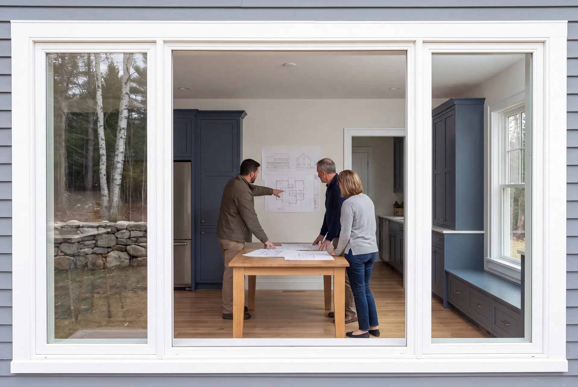 Illustration: Three people, a builder and two homeowners, reviewing architectural drawings on a table in a modern living room with blue cabinets and oak floors, viewed through a large window