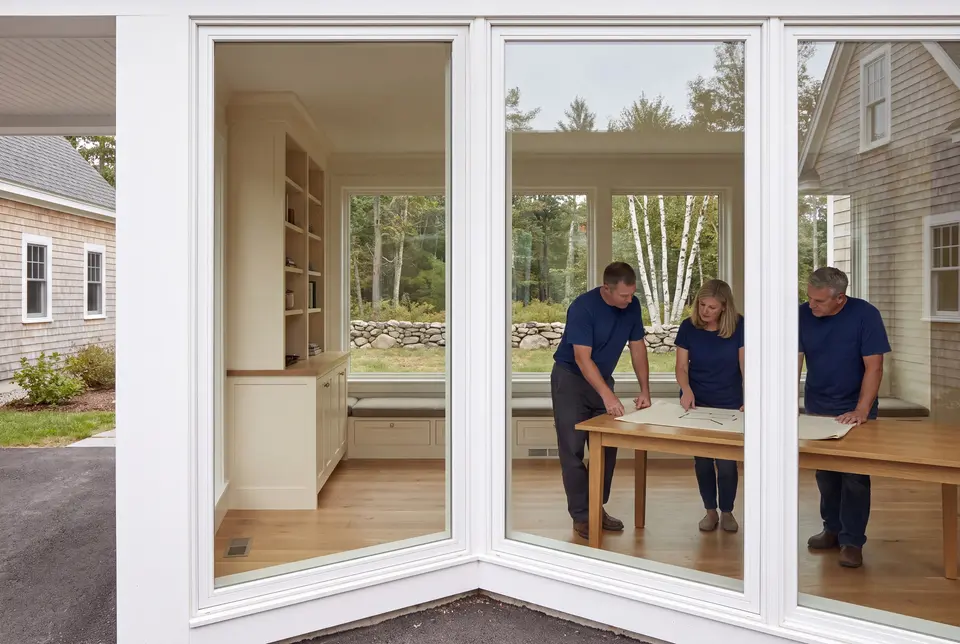 Illustration: Three people in navy shirts and dark trousers stand around a light oak table, reviewing architectural plans in a room with ivory built-in cabinets, oak floors, and large windows looking out to a natural landscape