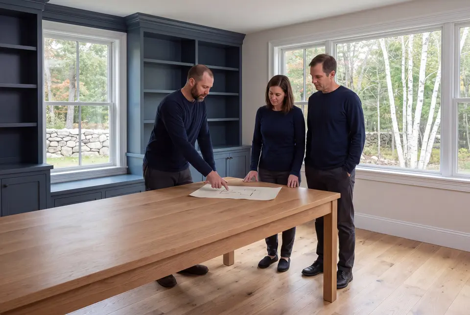 Illustration: Three people in navy shirts and dark trousers stand around a light oak table, looking at a blueprint. The room has slate blue built-in cabinets and large windows