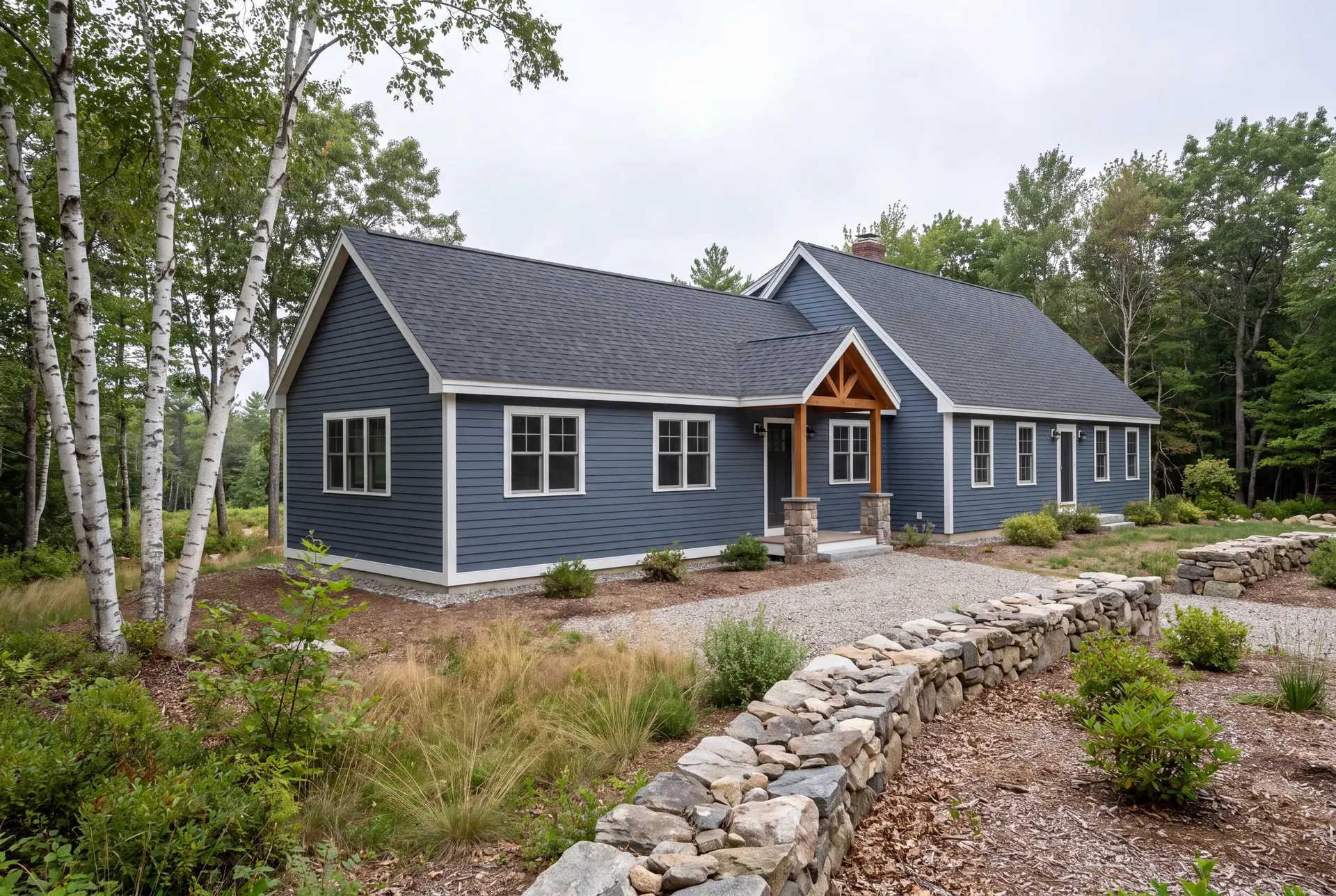 Illustration: A blue clapboard house with a new addition, featuring a covered entry with wooden posts and stone bases, a gravel path, and a stone wall, set amidst natural landscaping and trees