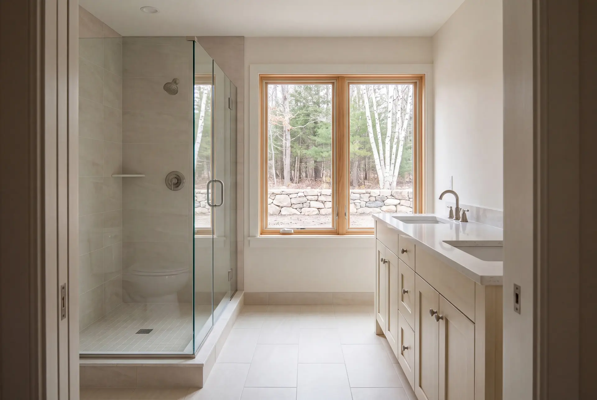 Illustration: A bright, clean bathroom with a double vanity, a glass shower, and a large window overlooking a natural landscape