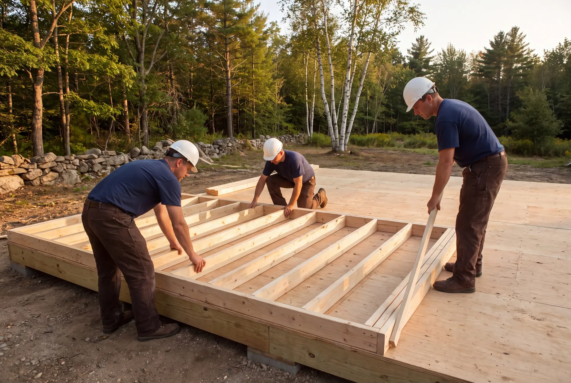 Illustration: Three carpenters in hard hats and work clothes assemble a wooden wall frame on a plywood floor platform outdoors