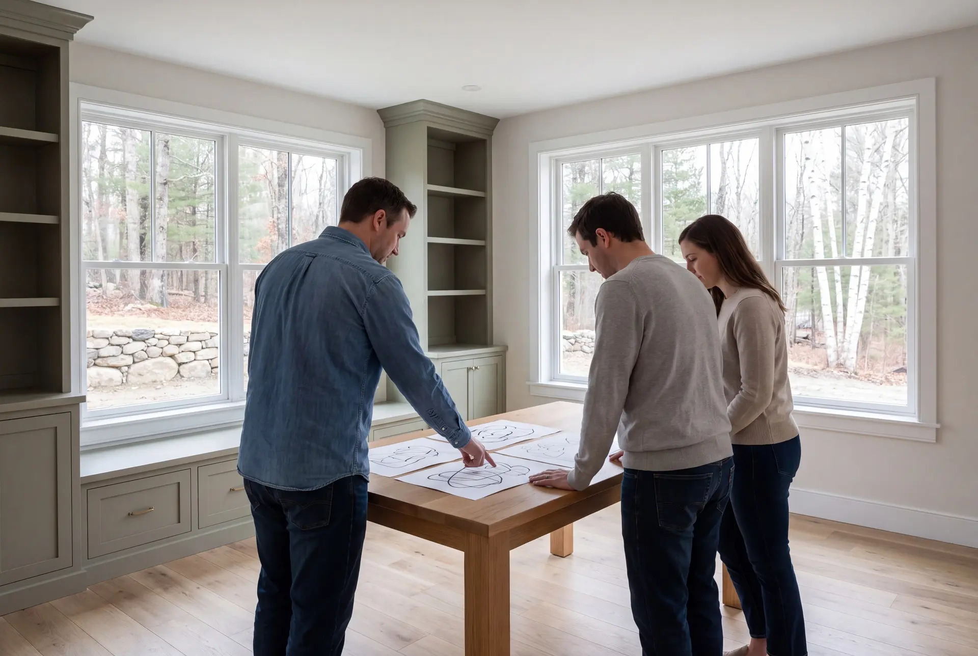 Illustration: Three people, a man in a denim shirt and a man and woman in sweaters, stand around a wooden table looking at abstract drawings in a bright living room with sage green cabinets and large windows