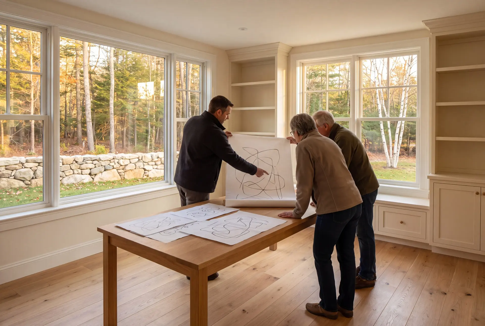 Illustration: Three people, a man and two older individuals, are looking at abstract line drawings on a wooden table in a bright room with large windows overlooking a forest