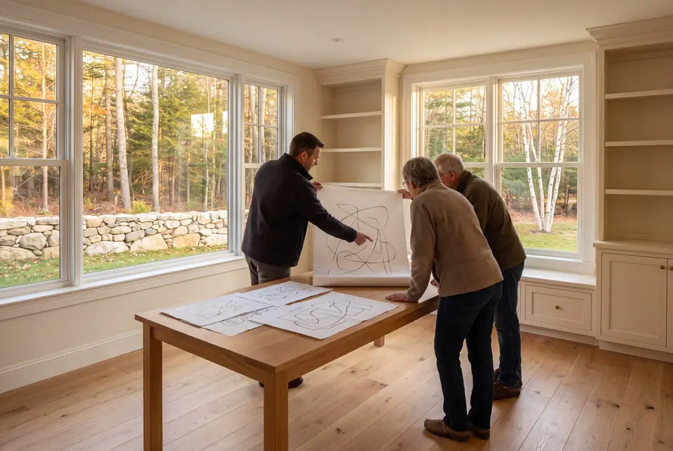 Illustration: Three people, a man and two older individuals, are looking at abstract line drawings on a wooden table in a bright room with large windows overlooking a forest