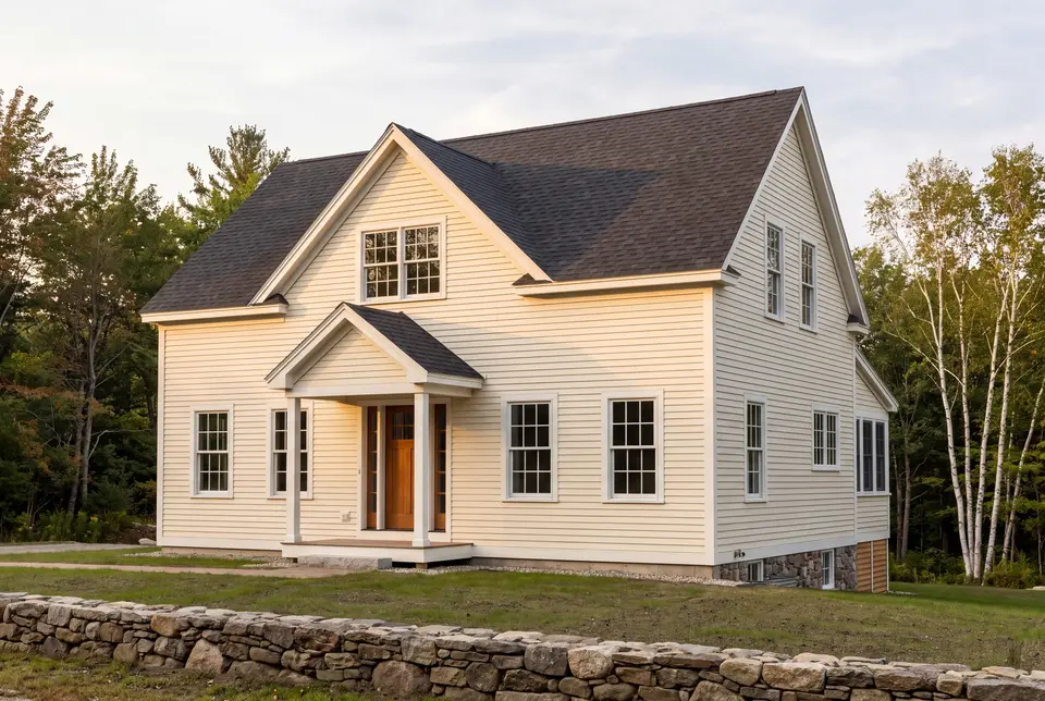 general contractor in South Portland, ME: illustrative scene, A newly built two-story farmhouse with light yellow siding, a dark gray roof, and white-framed windows, seen from a three-quarter angle with a stone wall in the foreground